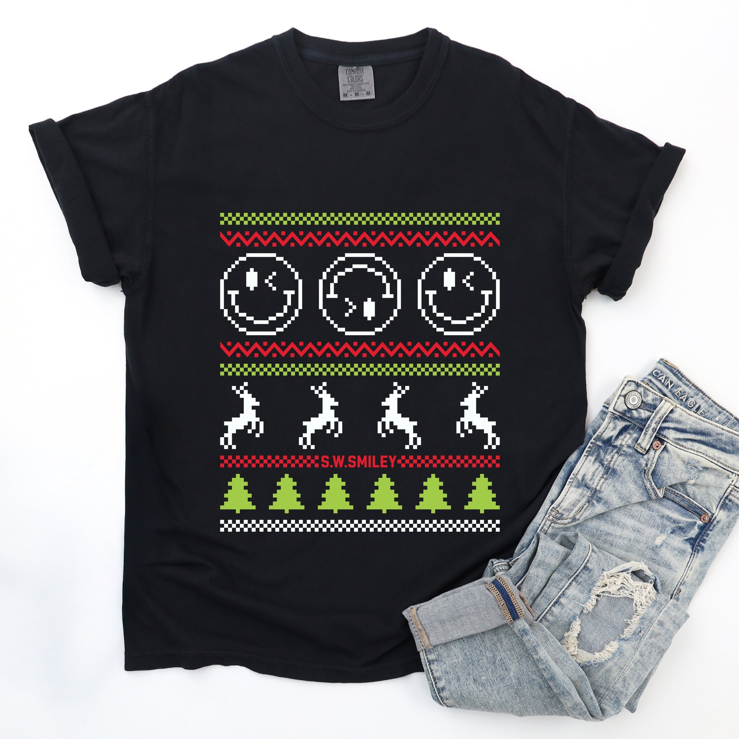 S.W.Smiley Ugly Christmas Sweater Pixels - Women's Garment Dyed Graphic T-Shirt