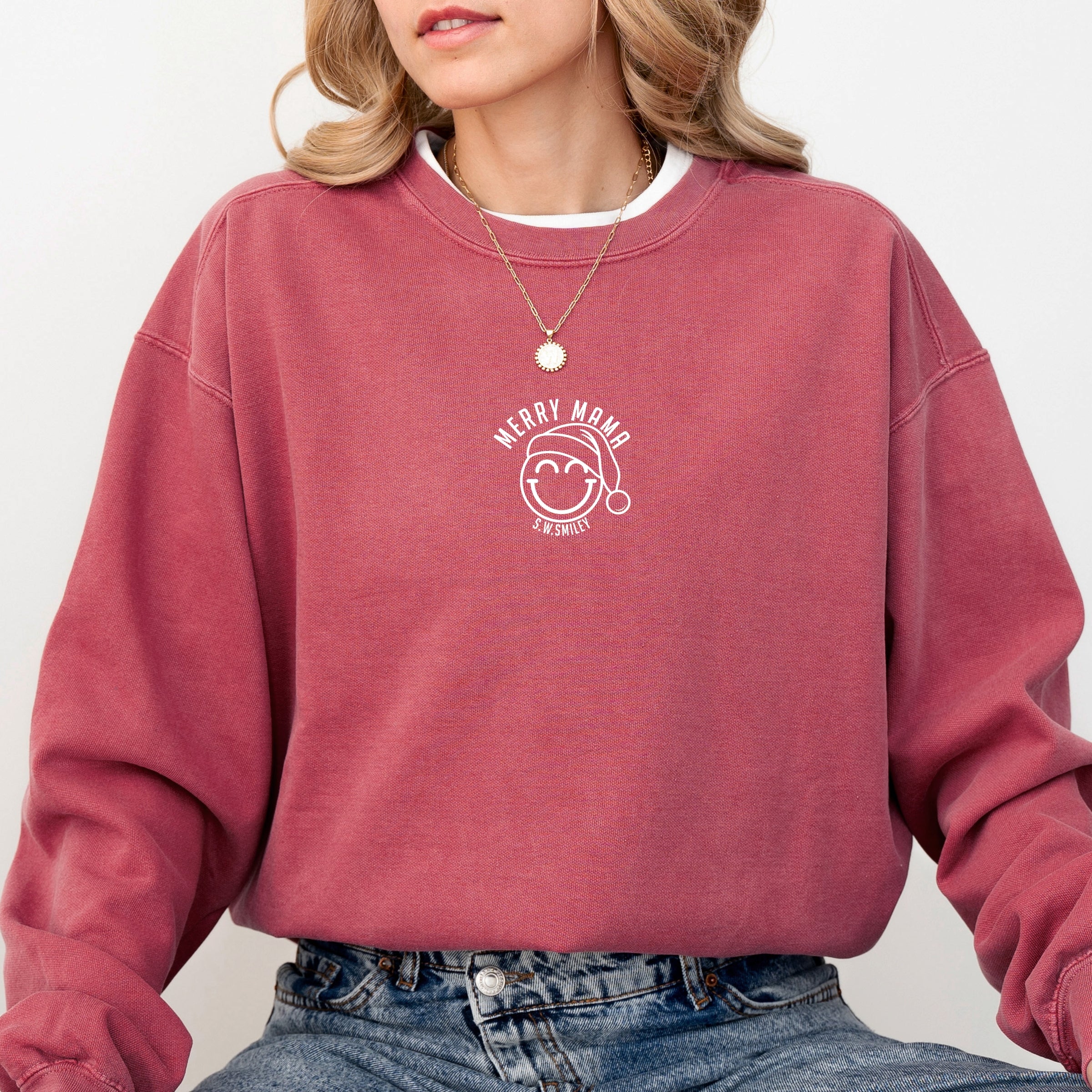 S.W.Smiley Merry Mama Outline - Women's Garment Dyed Graphic Sweatshirt