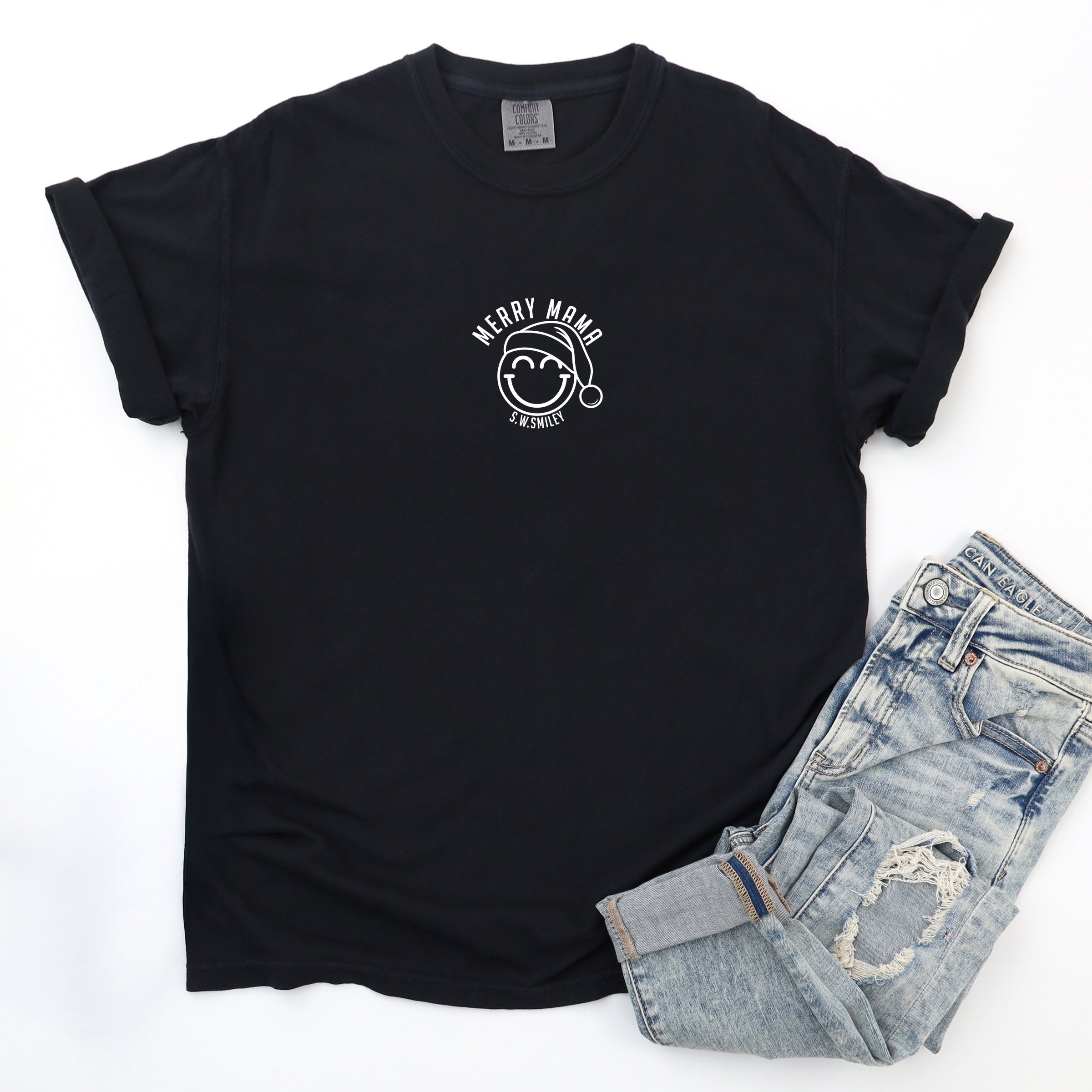 S.W.Smiley Merry Mama Outline - Women's Garment Dyed Graphic T-Shirt