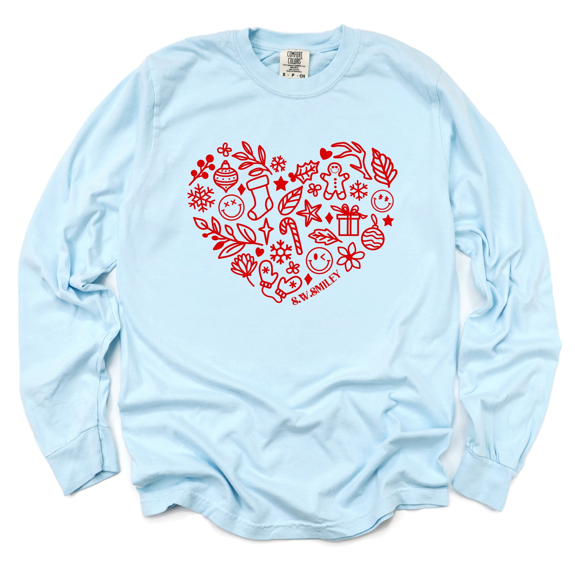 S.W.Smiley Christmas Outline Heart - Women's Garment Dyed Long Sleeve Graphic T-Shirt