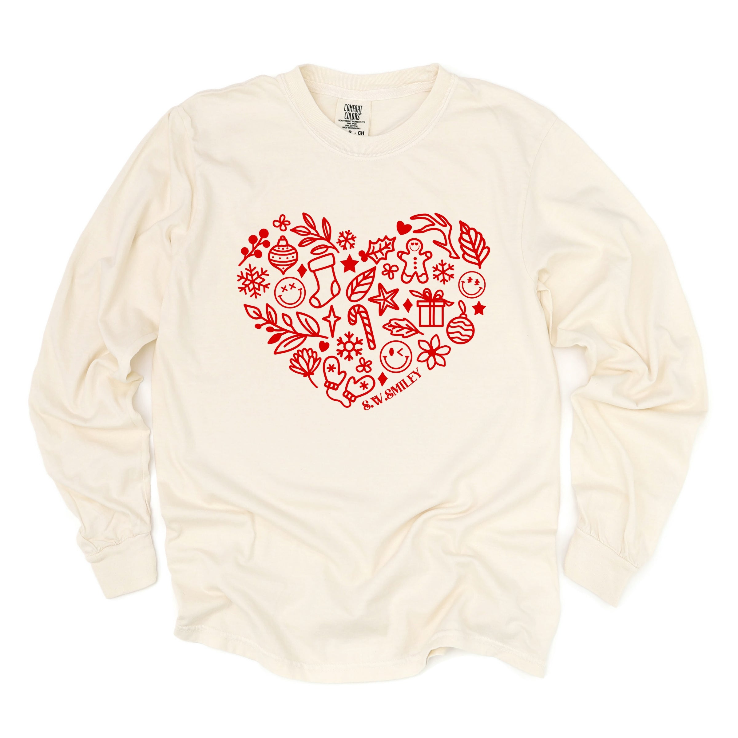 S.W.Smiley Christmas Outline Heart - Women's Garment Dyed Long Sleeve Graphic T-Shirt