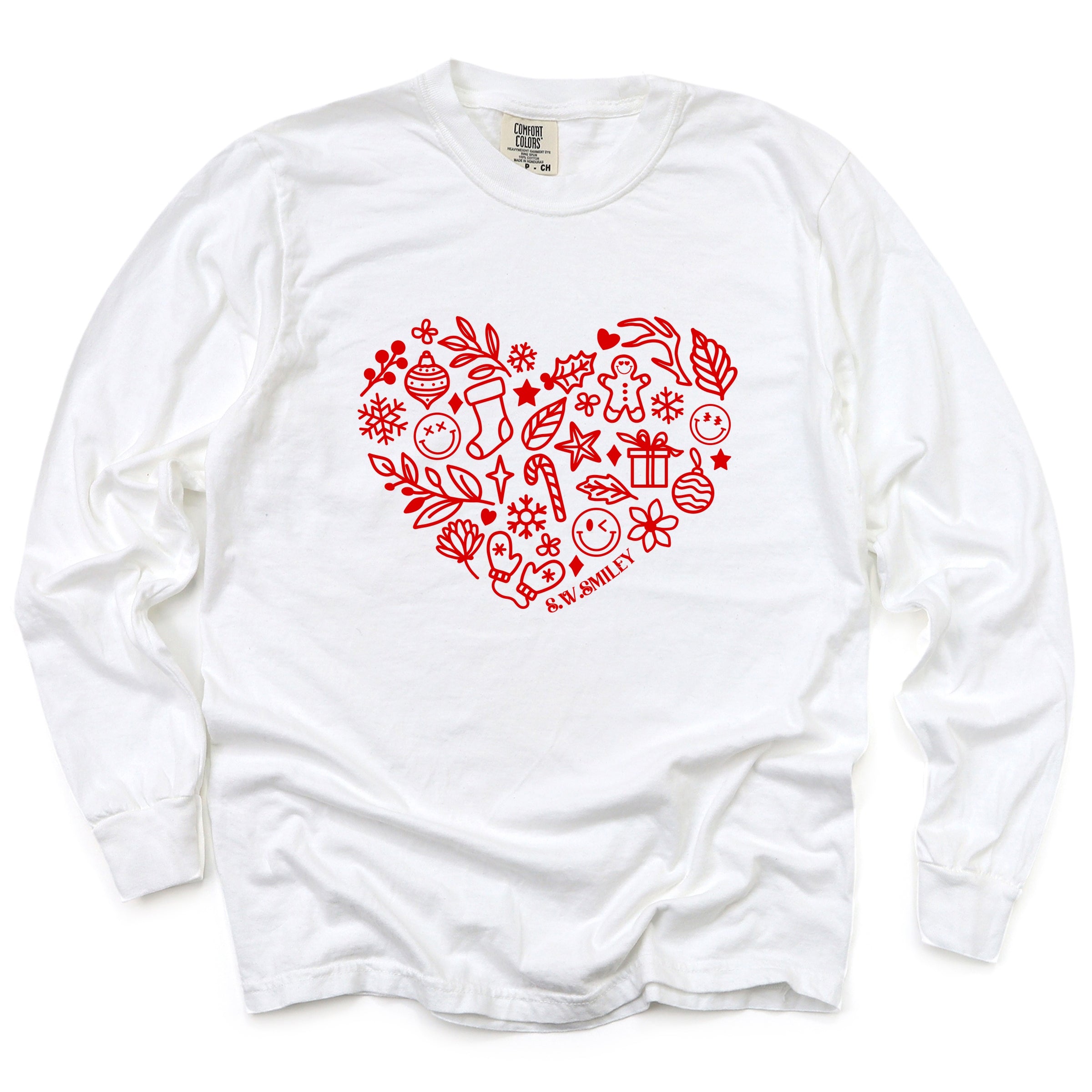 S.W.Smiley Christmas Outline Heart - Women's Garment Dyed Long Sleeve Graphic T-Shirt
