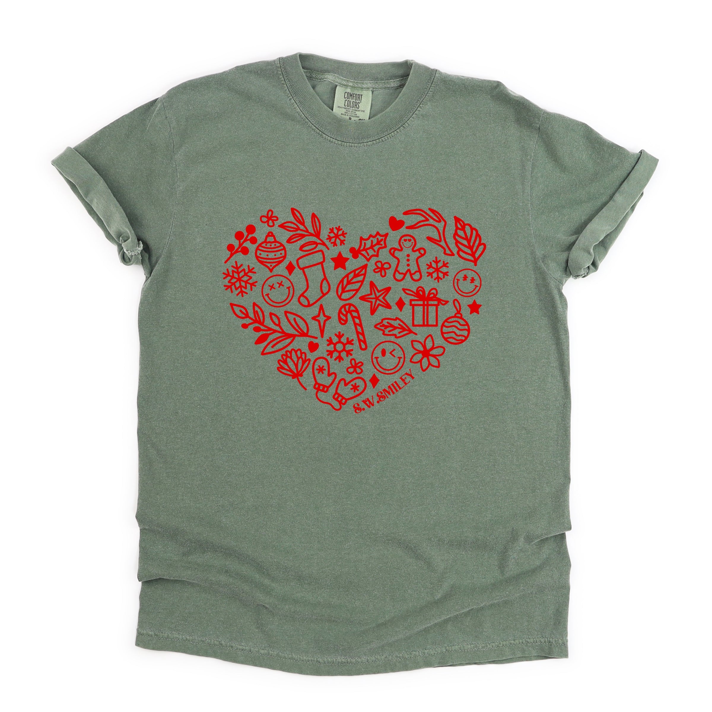 S.W.Smiley Christmas Outline Heart - Women's Garment Dyed Graphic T-Shirt