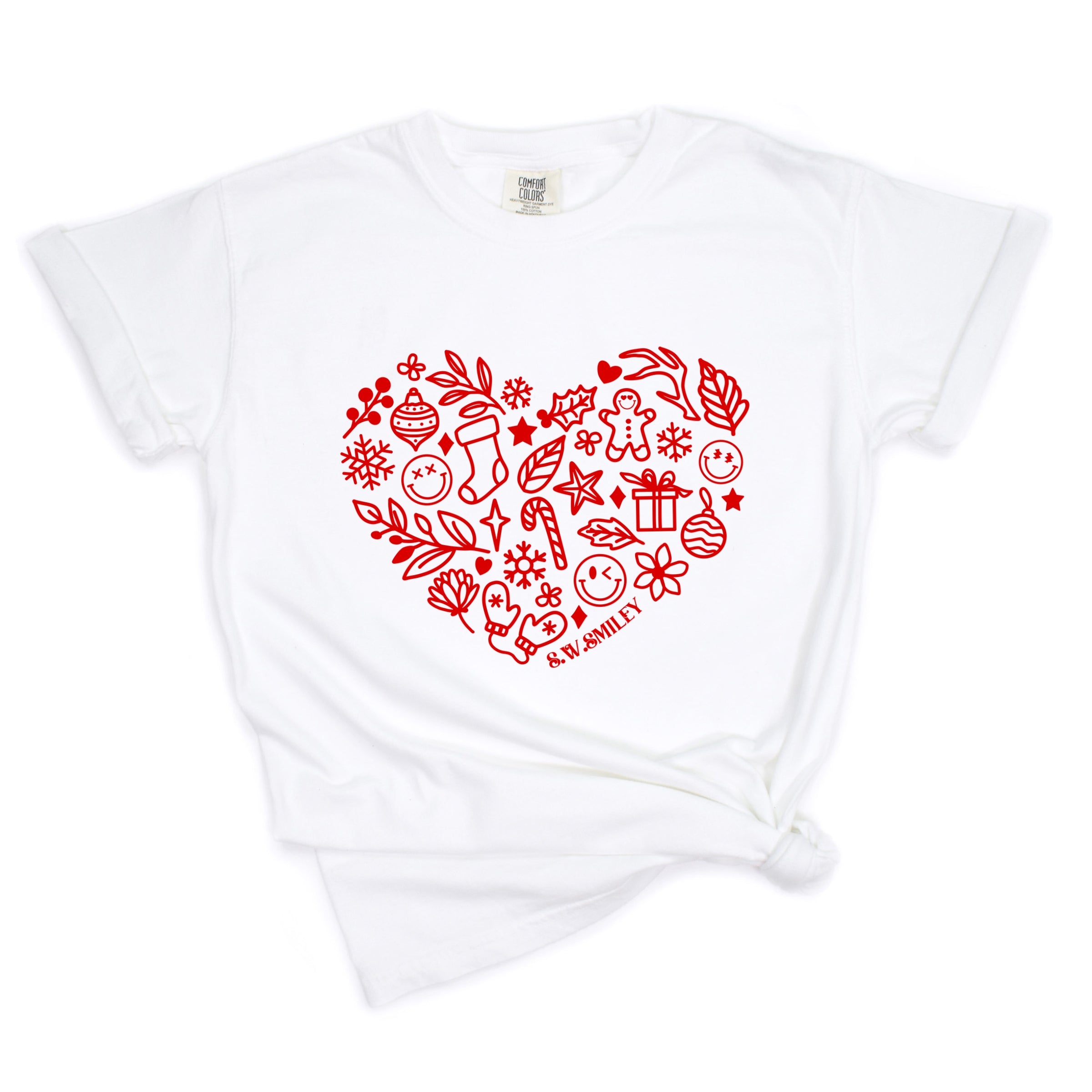 S.W.Smiley Christmas Outline Heart - Women's Garment Dyed Graphic T-Shirt
