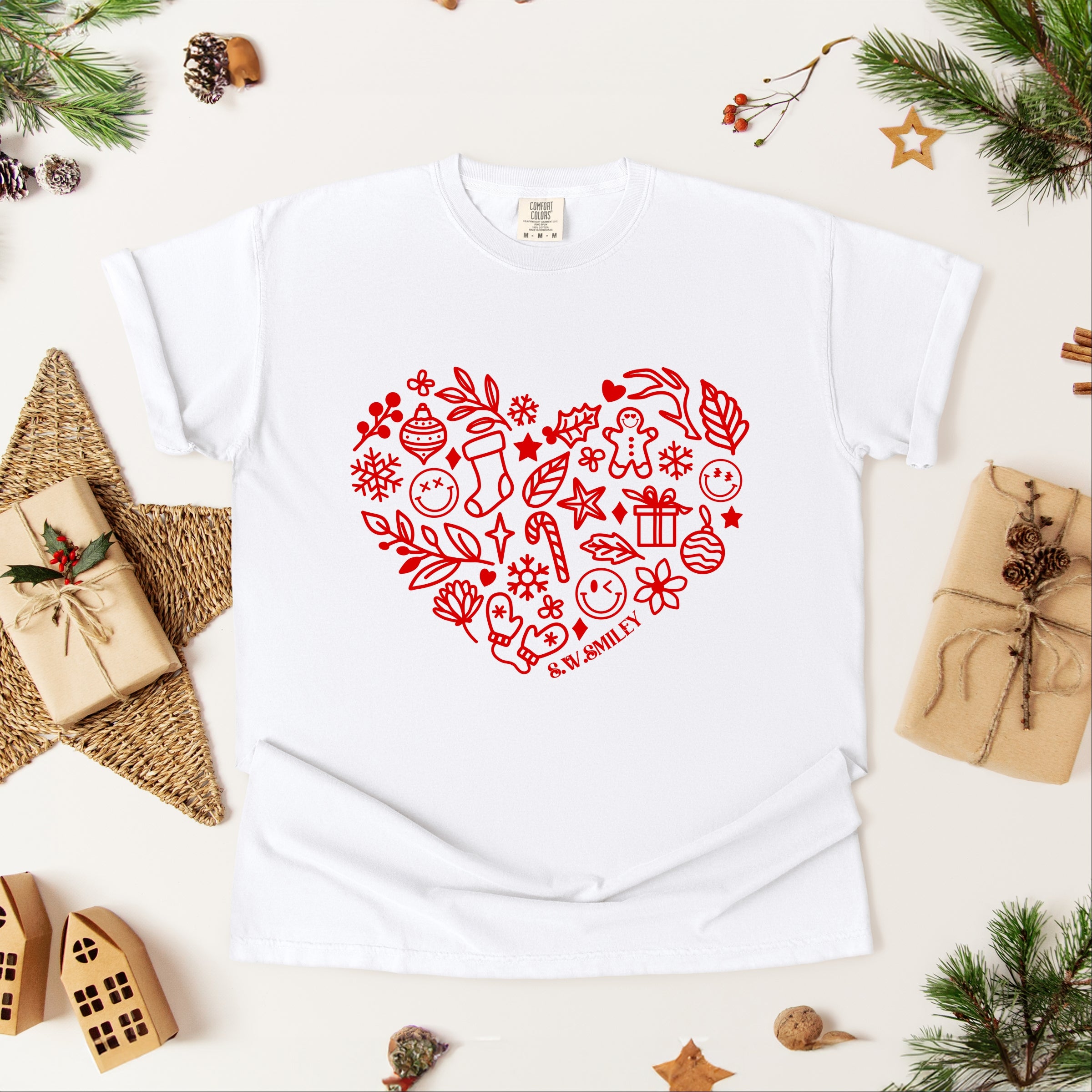 S.W.Smiley Christmas Outline Heart - Women's Garment Dyed Graphic T-Shirt