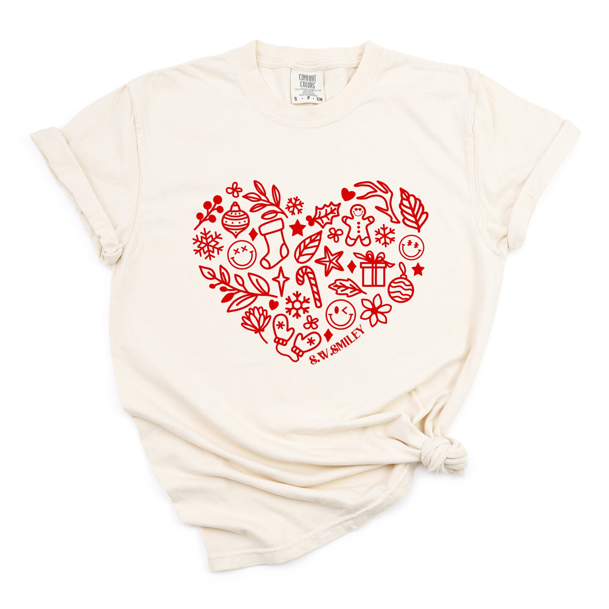 S.W.Smiley Christmas Outline Heart - Women's Garment Dyed Graphic T-Shirt