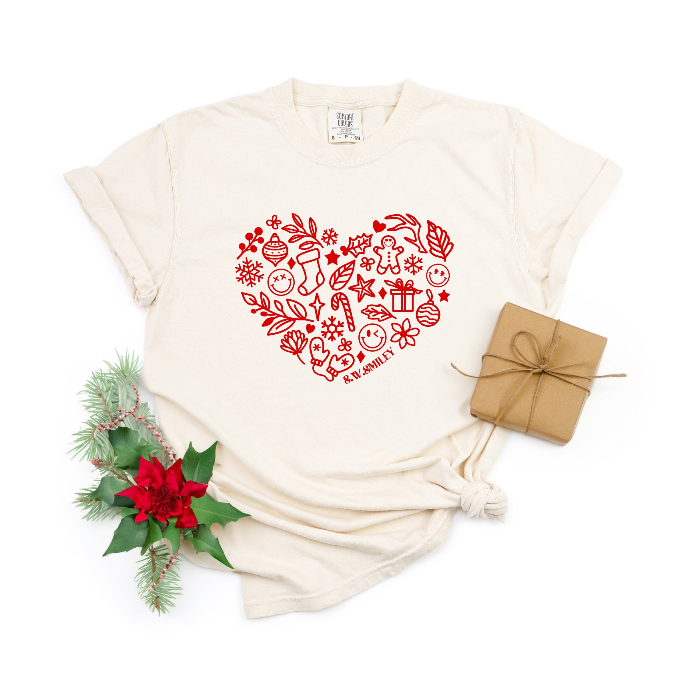 S.W.Smiley Christmas Outline Heart - Women's Garment Dyed Graphic T-Shirt