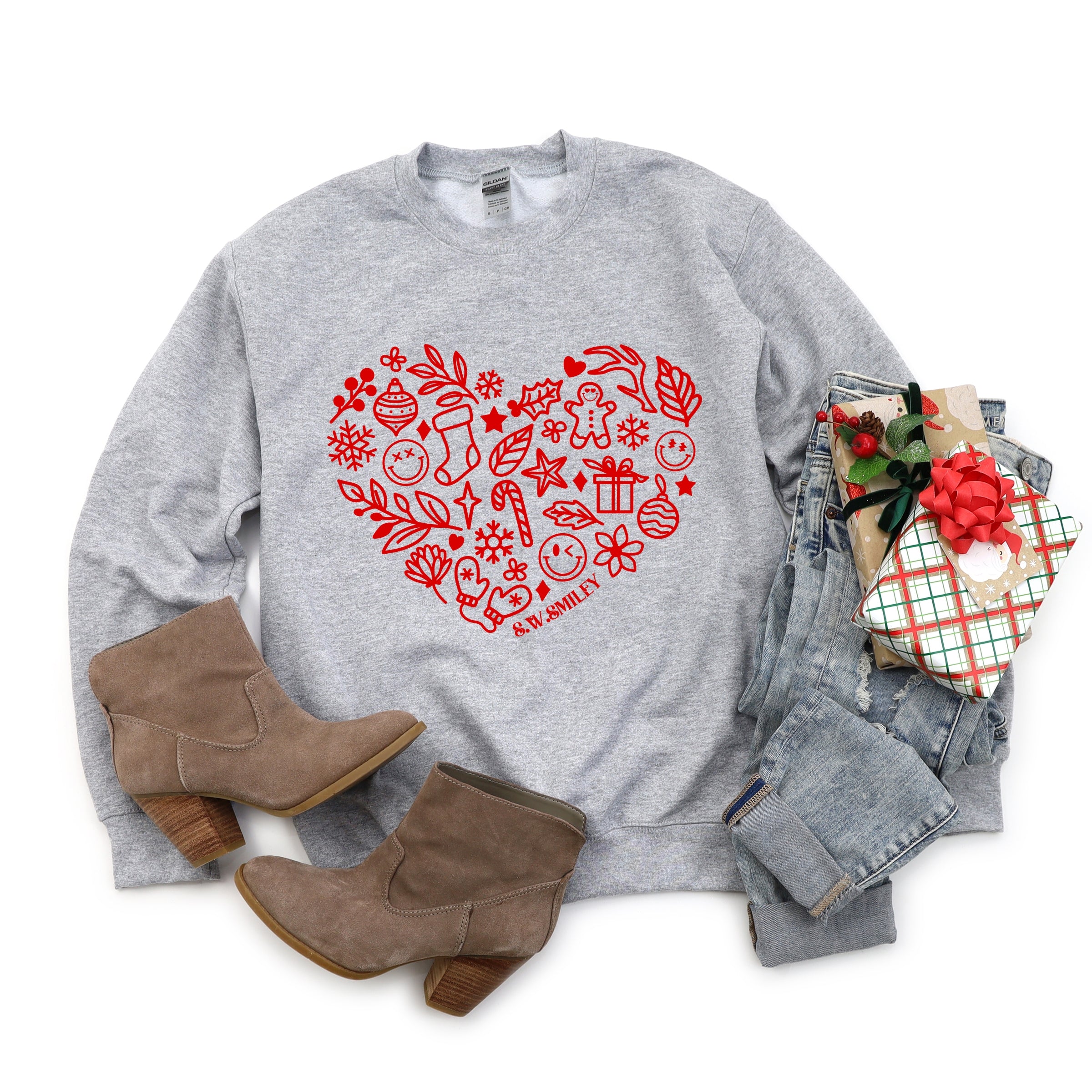 S.W.Smiley Christmas Outline Heart - Women's Graphic Sweatshirt