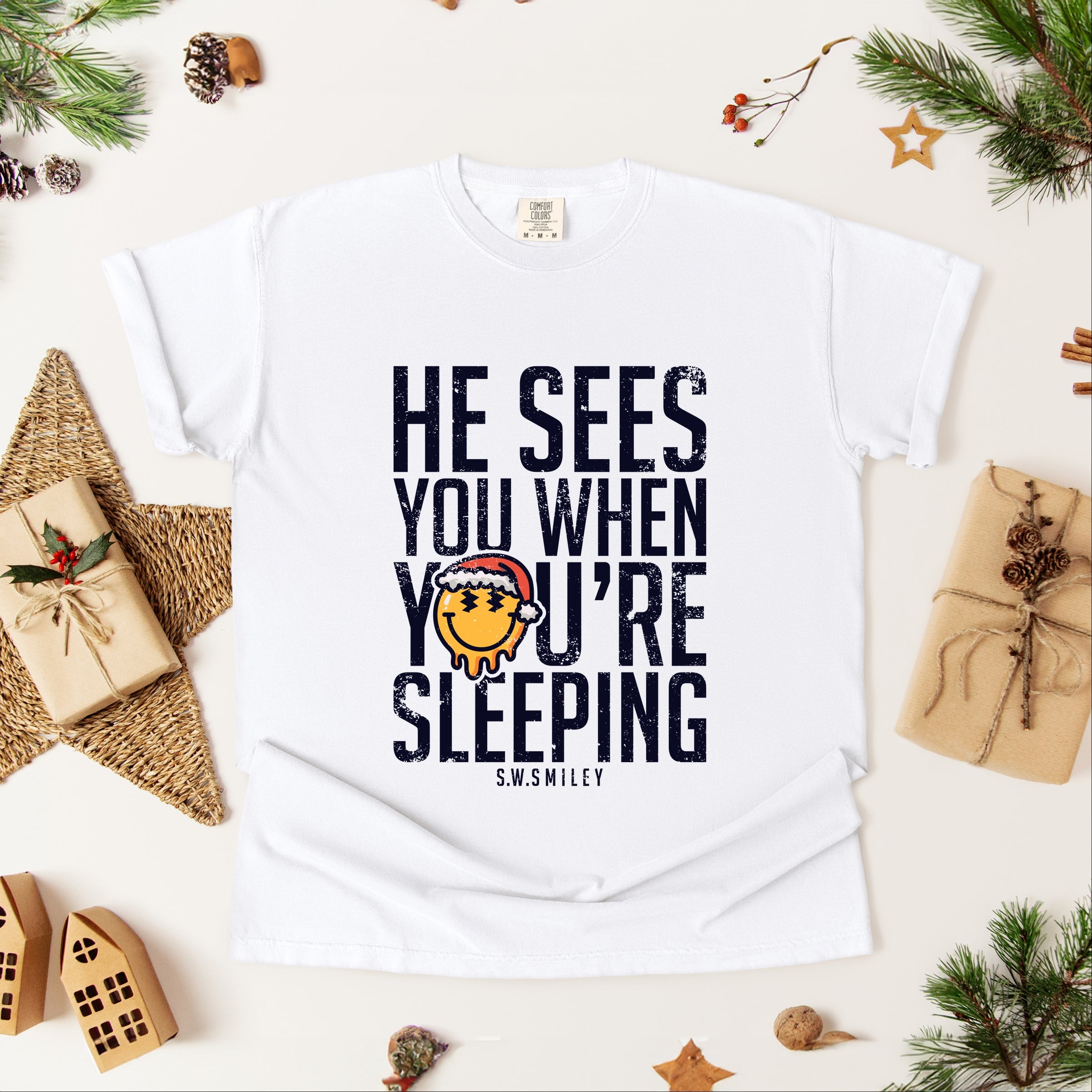 S.W.Smiley He Sees You When You're Sleeping - Women's Garment Dyed Graphic T-Shirt