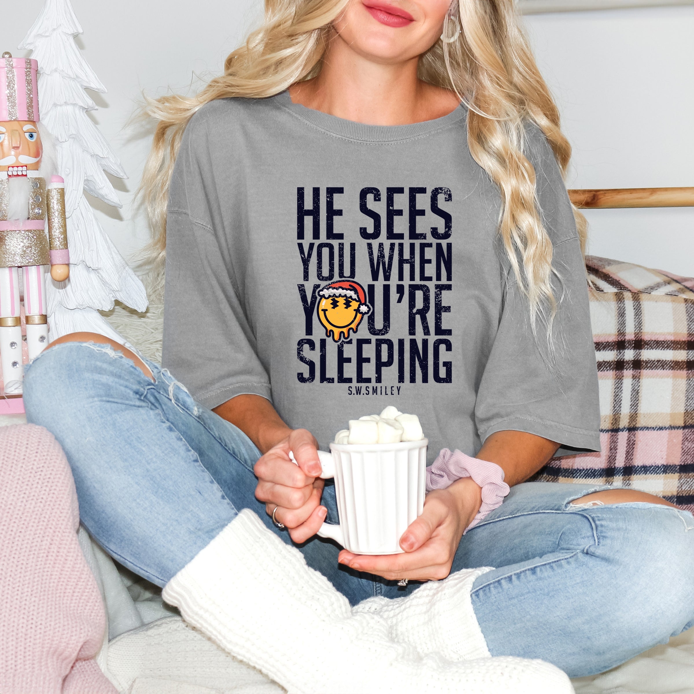 S.W.Smiley He Sees You When You're Sleeping - Women's Garment Dyed Graphic T-Shirt
