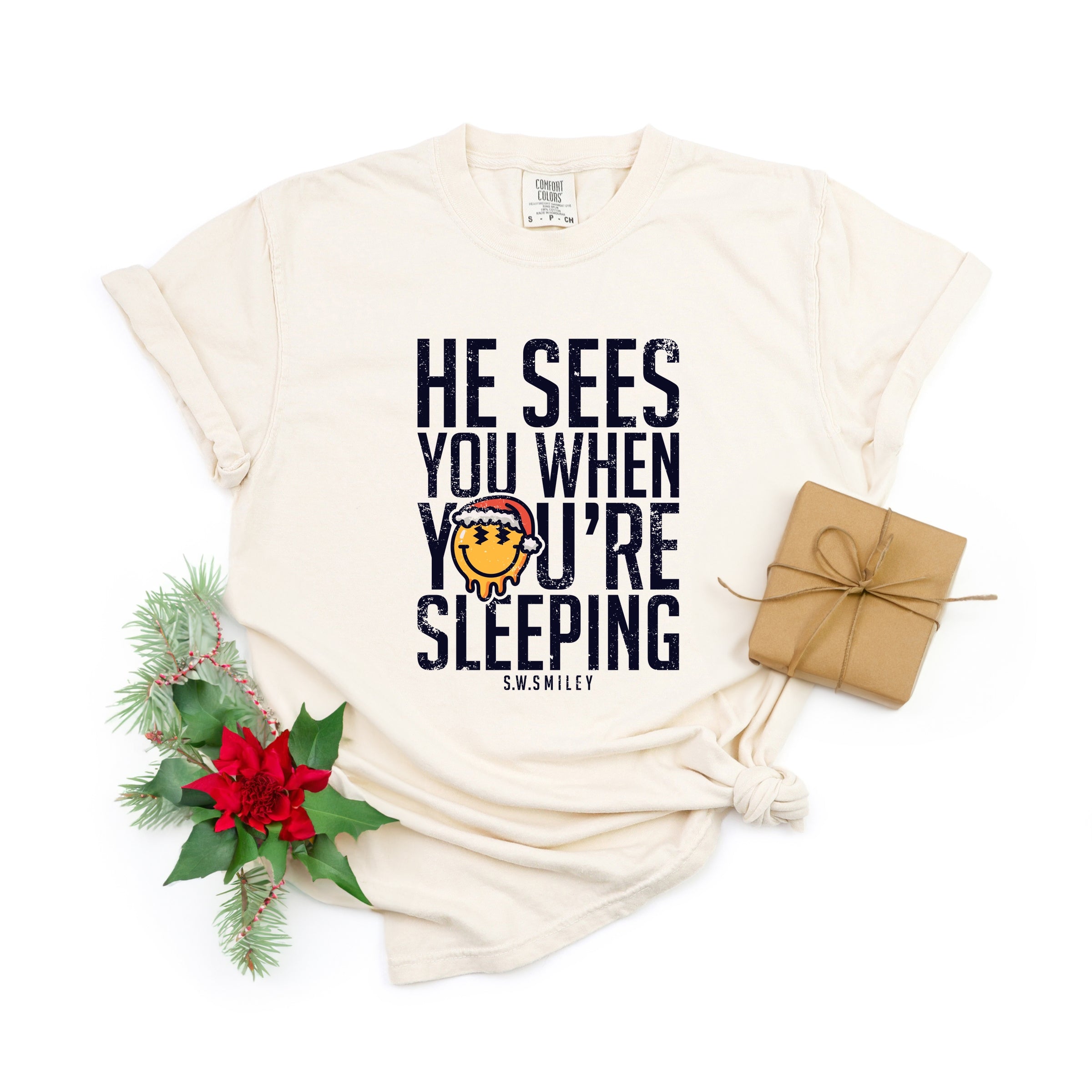 S.W.Smiley He Sees You When You're Sleeping - Women's Garment Dyed Graphic T-Shirt
