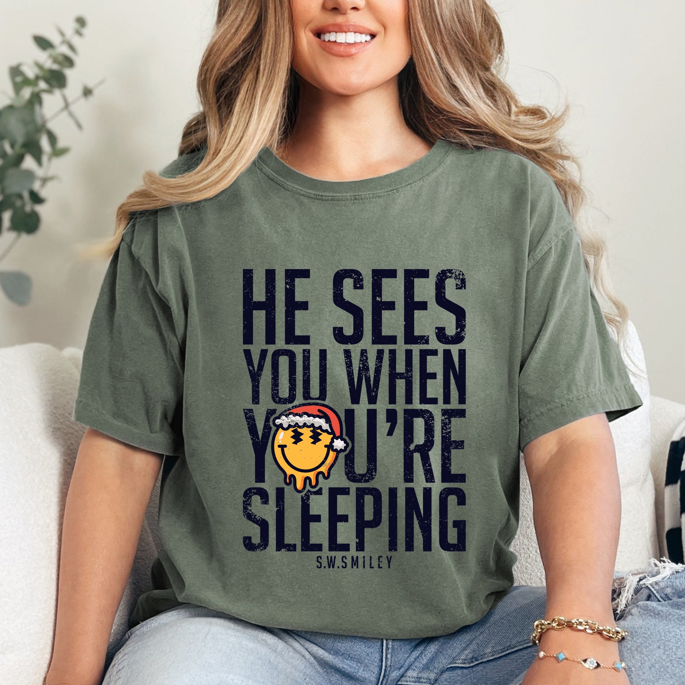 S.W.Smiley He Sees You When You're Sleeping - Women's Garment Dyed Graphic T-Shirt