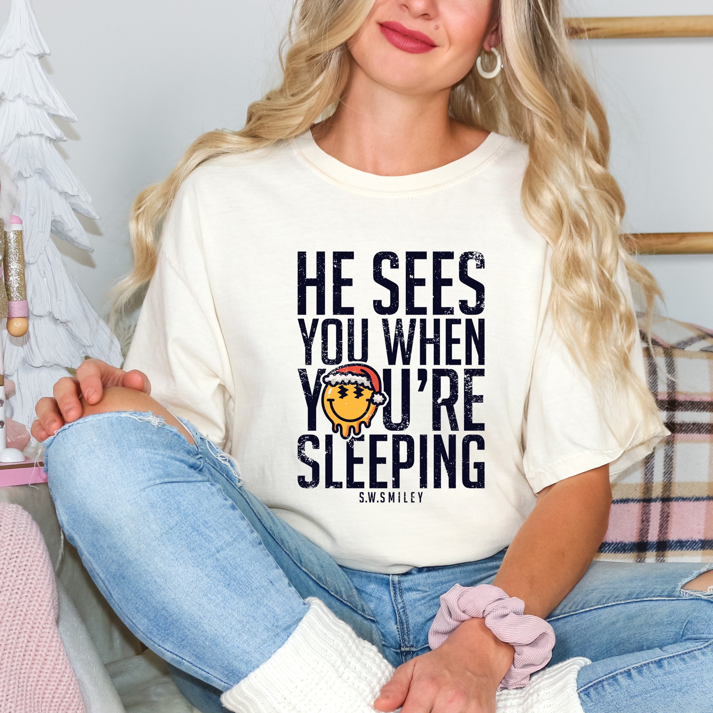 S.W.Smiley He Sees You When You're Sleeping - Women's Garment Dyed Graphic T-Shirt
