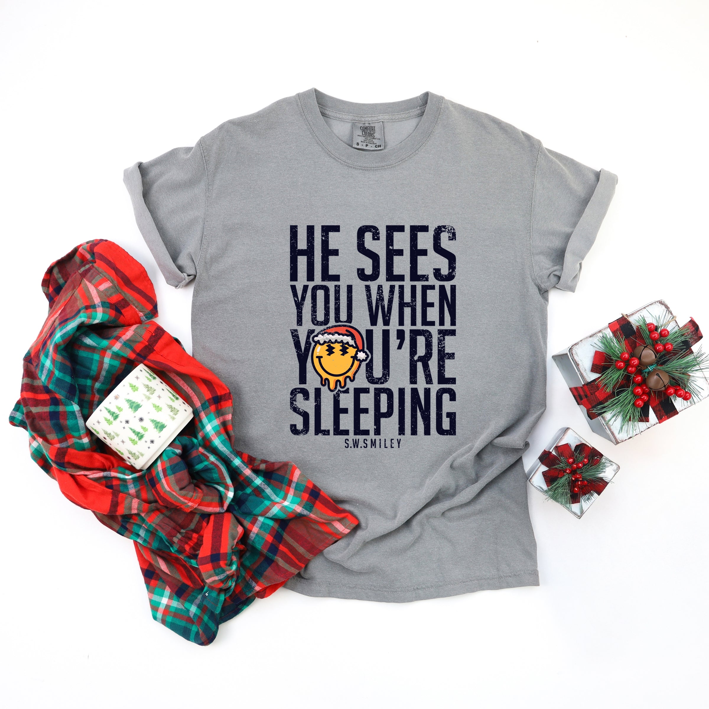S.W.Smiley He Sees You When You're Sleeping - Women's Garment Dyed Graphic T-Shirt