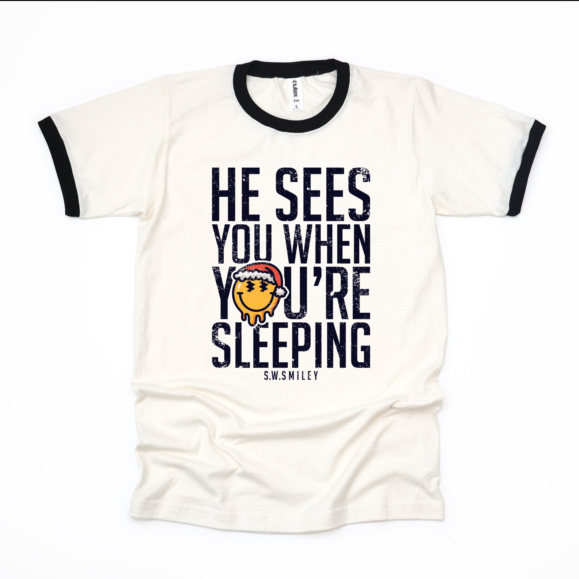 S.W.Smiley He Sees You When You're Sleeping - Women's Ringer Graphic T-Shirt