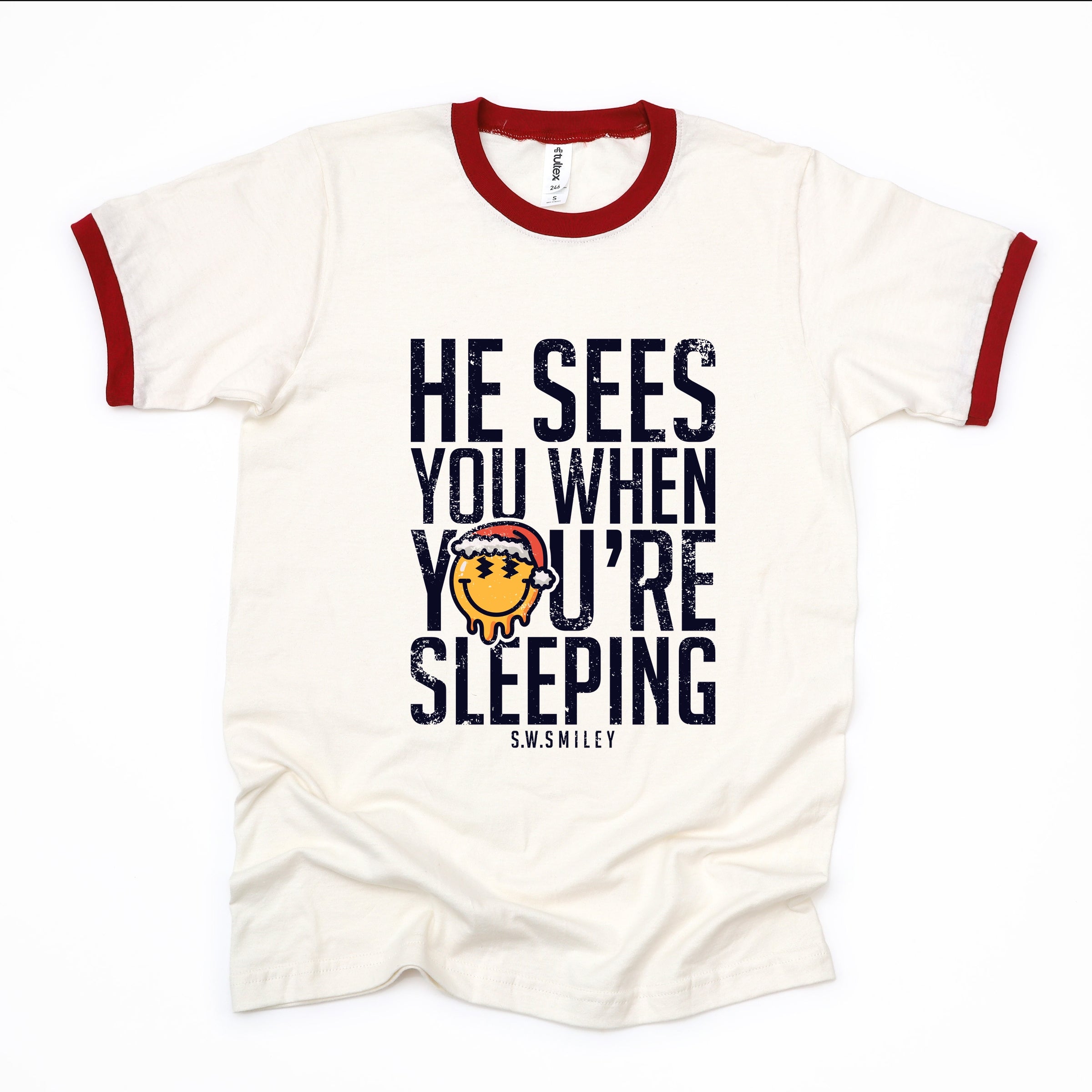 S.W.Smiley He Sees You When You're Sleeping - Women's Ringer Graphic T-Shirt
