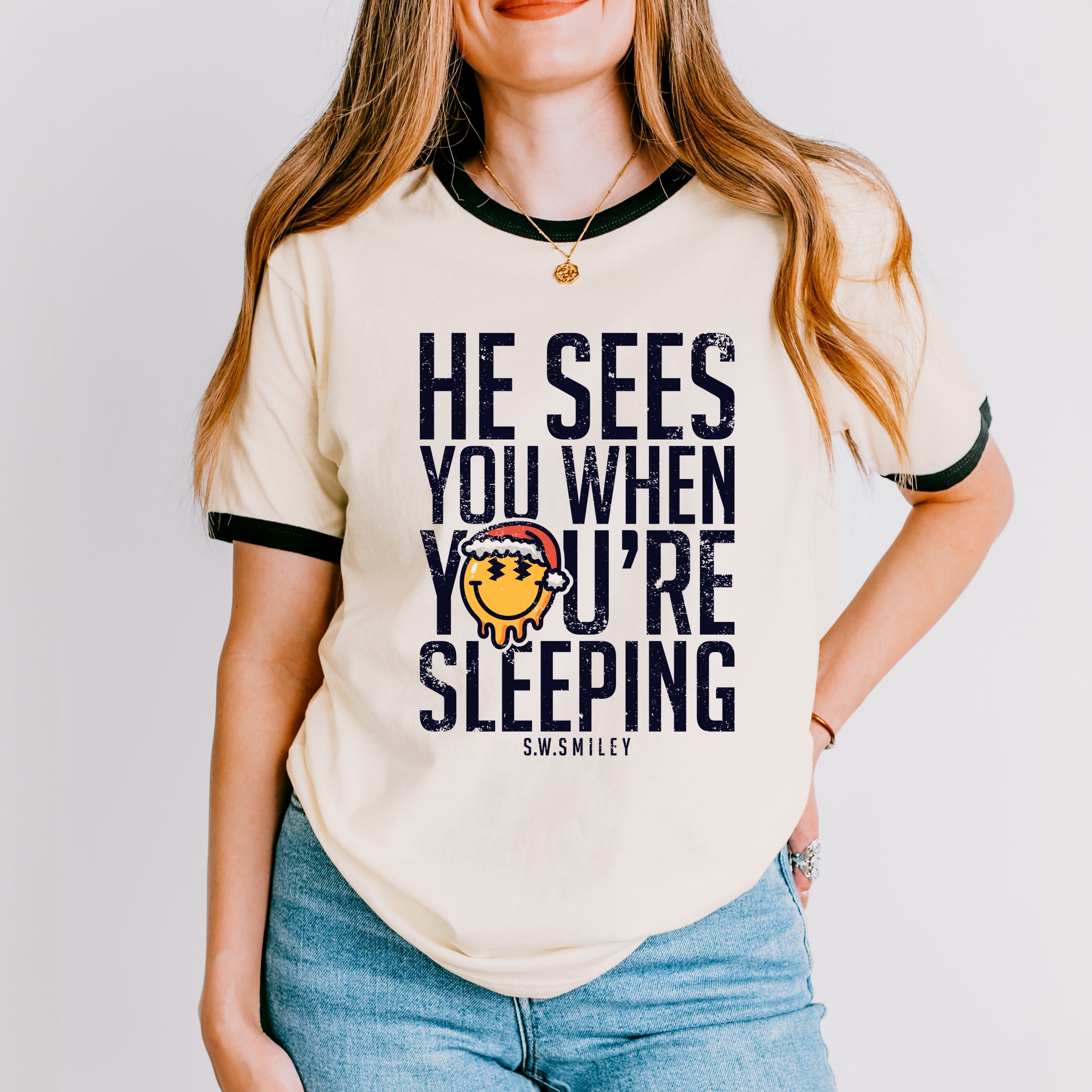 S.W.Smiley He Sees You When You're Sleeping - Women's Ringer Graphic T-Shirt