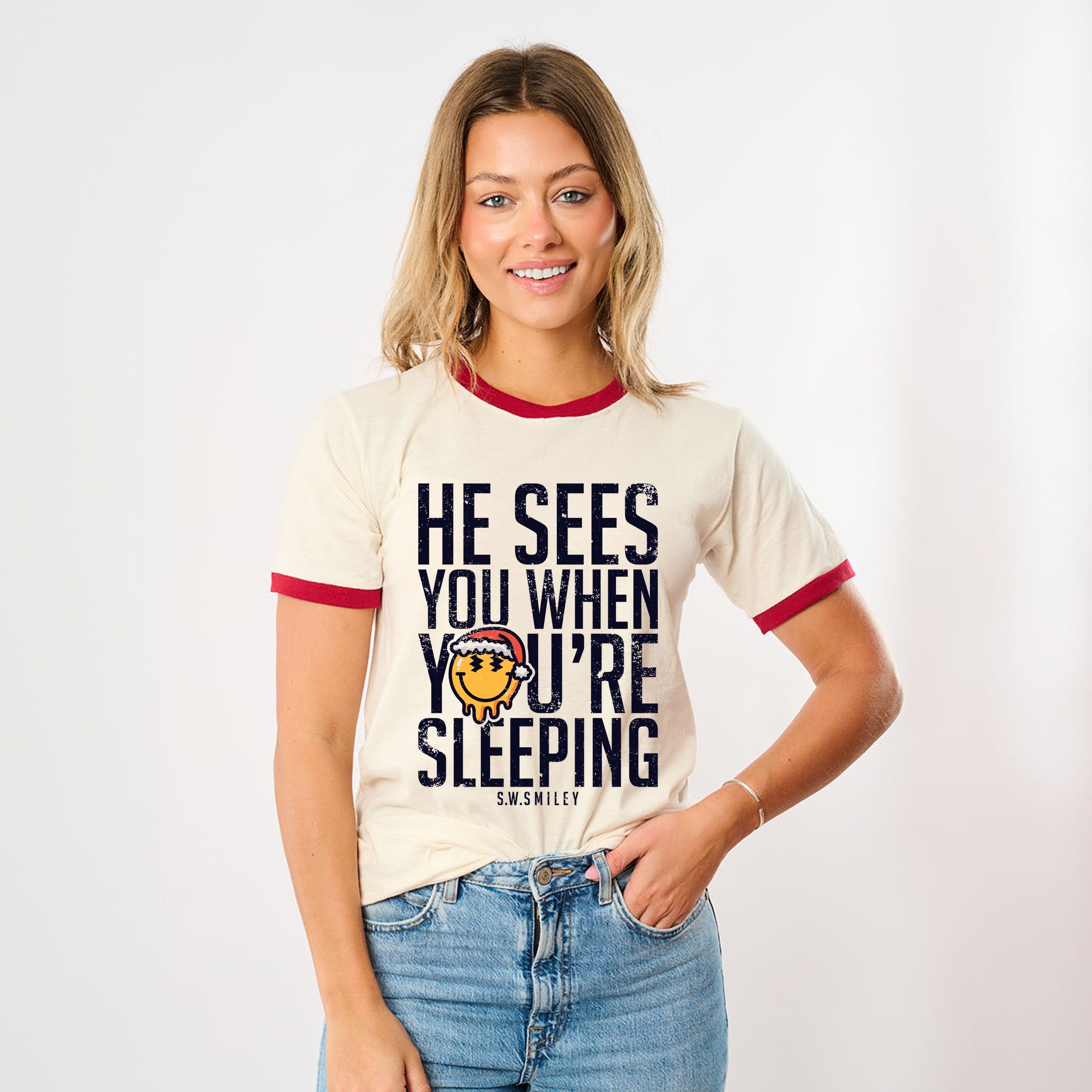 S.W.Smiley He Sees You When You're Sleeping - Women's Ringer Graphic T-Shirt