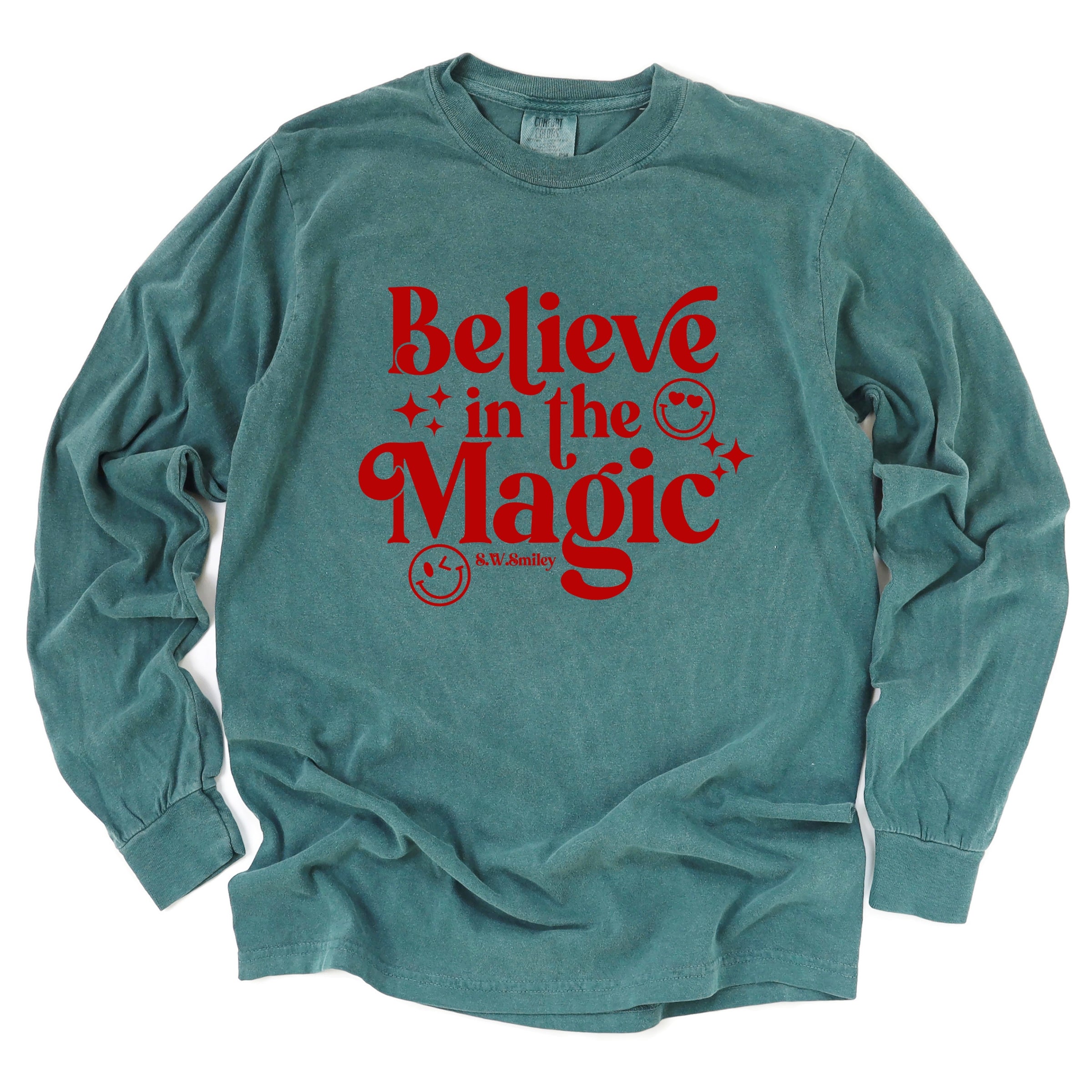 S.W.Smiley Believe in Magic Sparkle - Women's Garment Dyed Long Sleeve Graphic T-Shirt