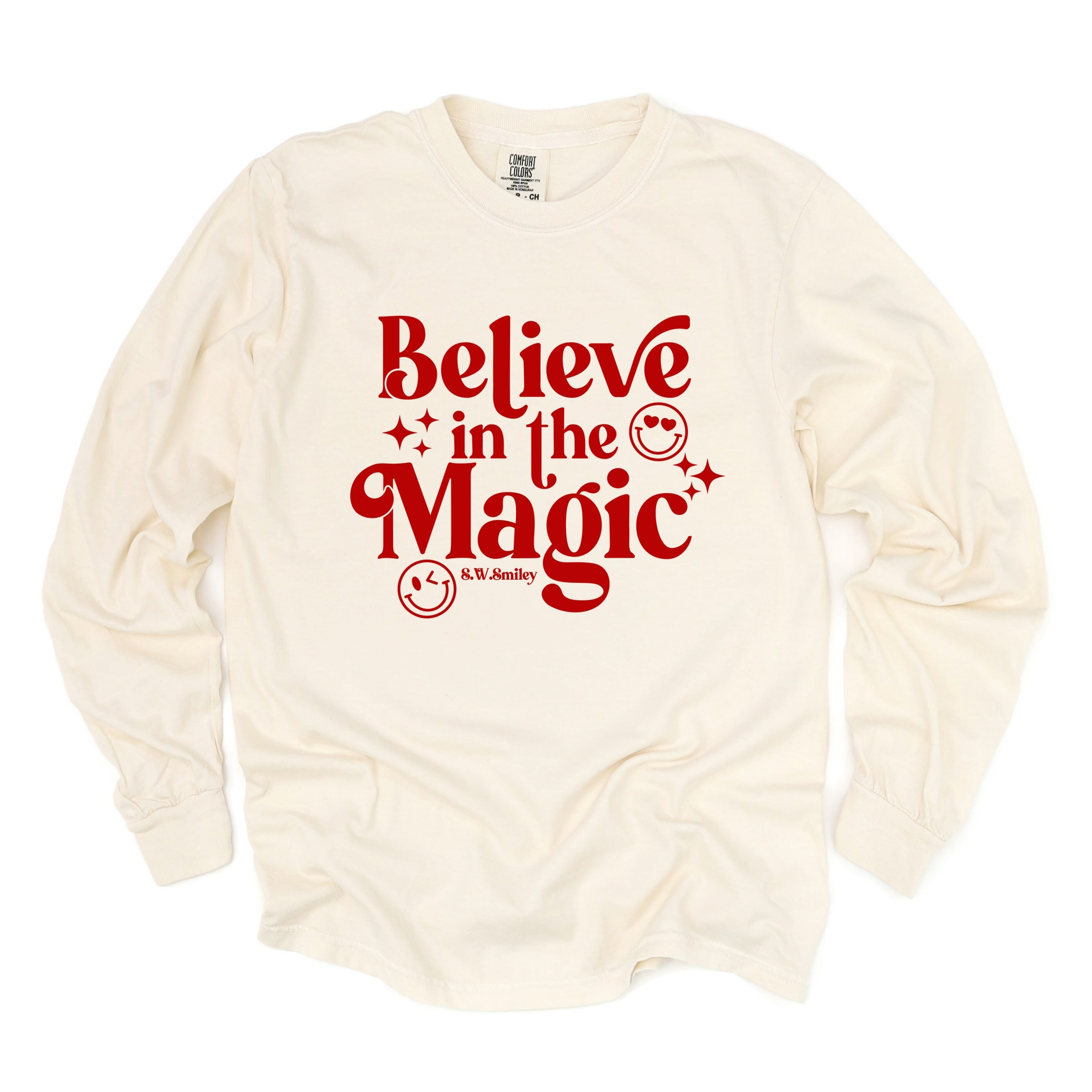 S.W.Smiley Believe in Magic Sparkle - Women's Garment Dyed Long Sleeve Graphic T-Shirt