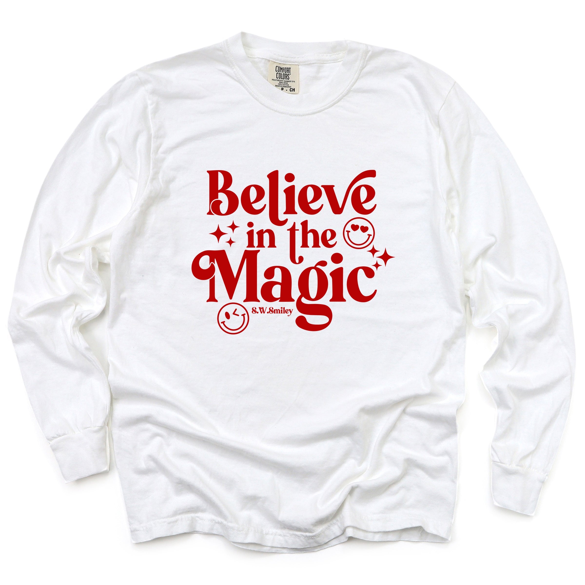 S.W.Smiley Believe in Magic Sparkle - Women's Garment Dyed Long Sleeve Graphic T-Shirt