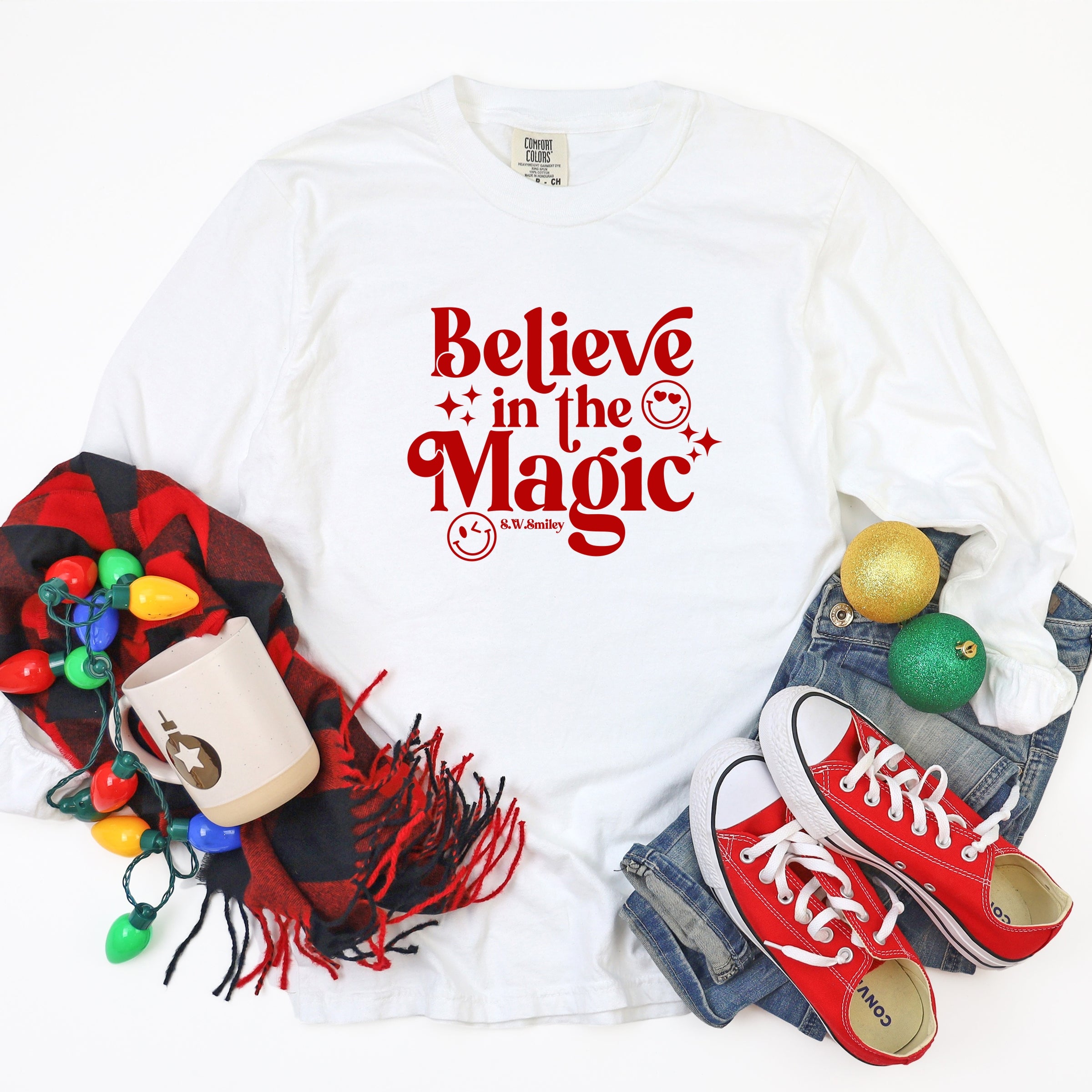 S.W.Smiley Believe in Magic Sparkle - Women's Garment Dyed Long Sleeve Graphic T-Shirt