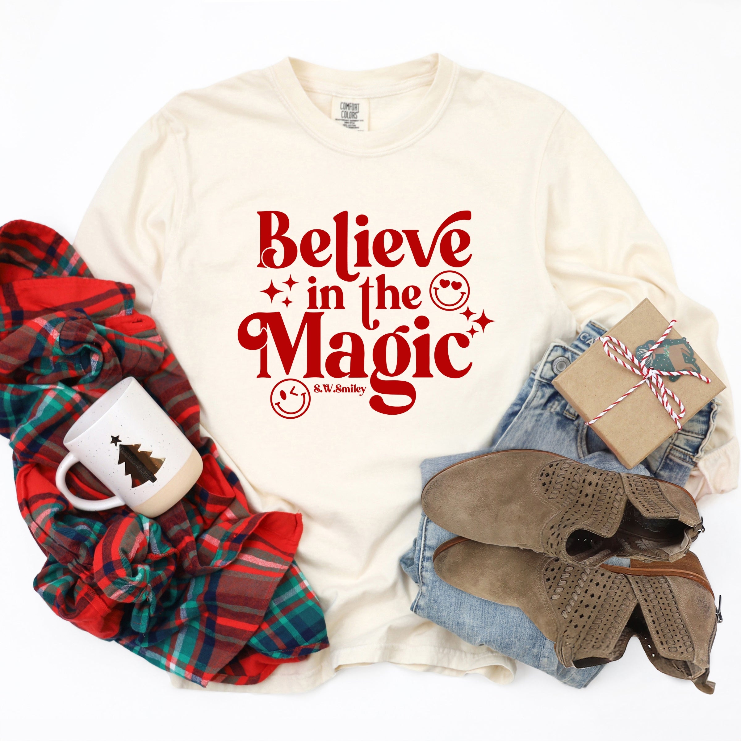 S.W.Smiley Believe in Magic Sparkle - Women's Garment Dyed Long Sleeve Graphic T-Shirt