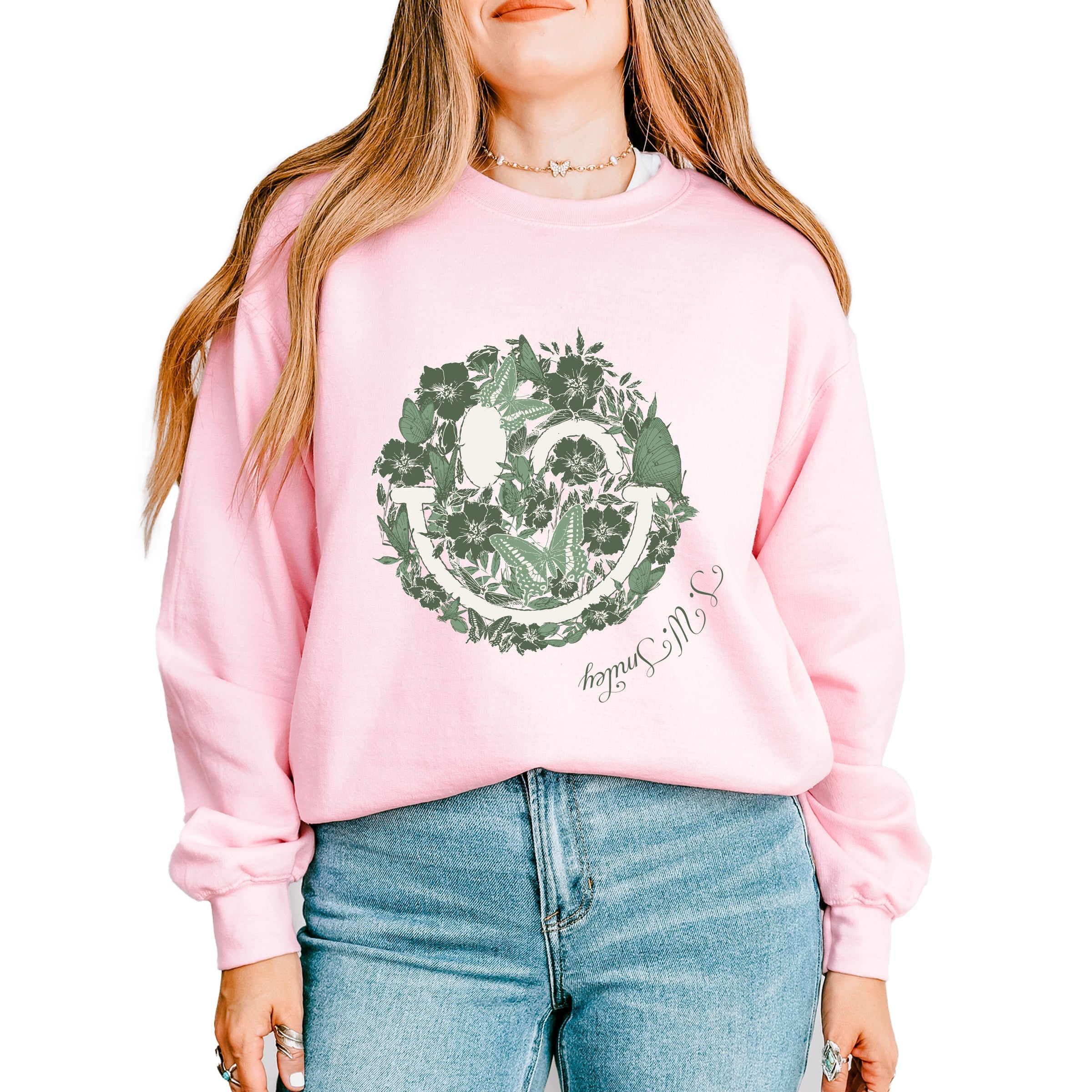 S.W.Smiley Green Floral Butterflies - Women's Graphic Sweatshirt