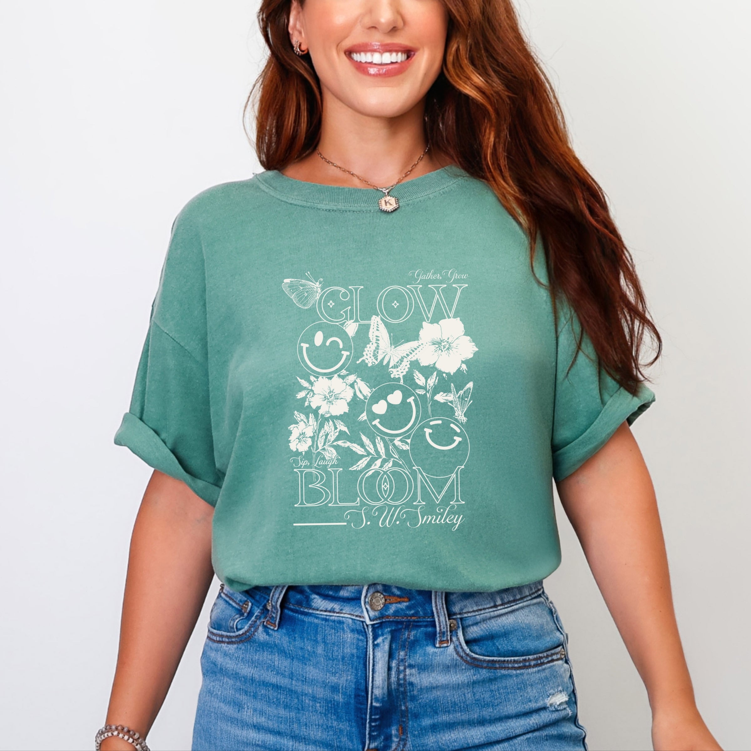 S.W.Smiley Gather, Grow, Glow - Women's Garment Dyed Graphic T-Shirt