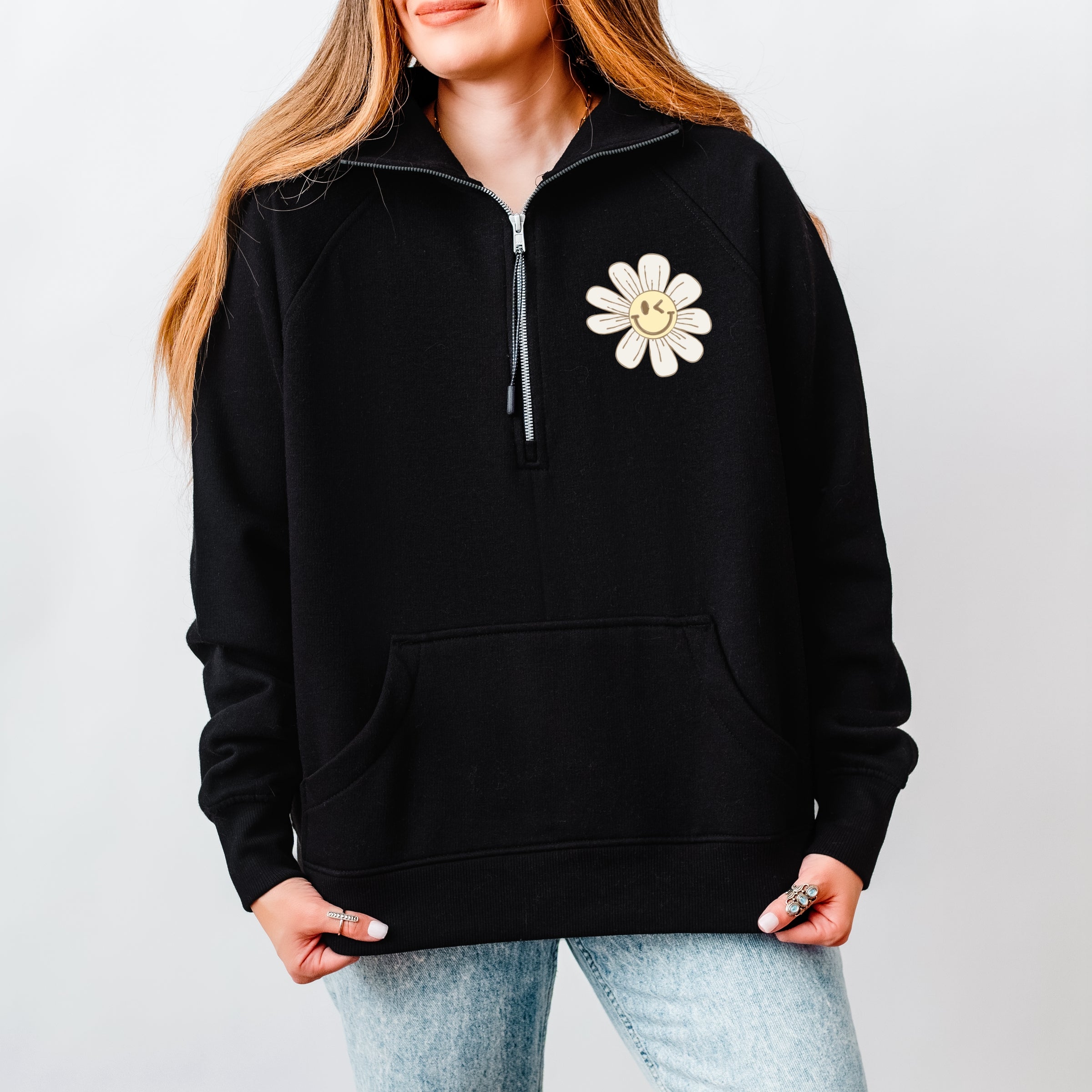 S.W.Smiley Blooming Daisies - Women's Quarter Zip Fleece Graphic Sweatshirt