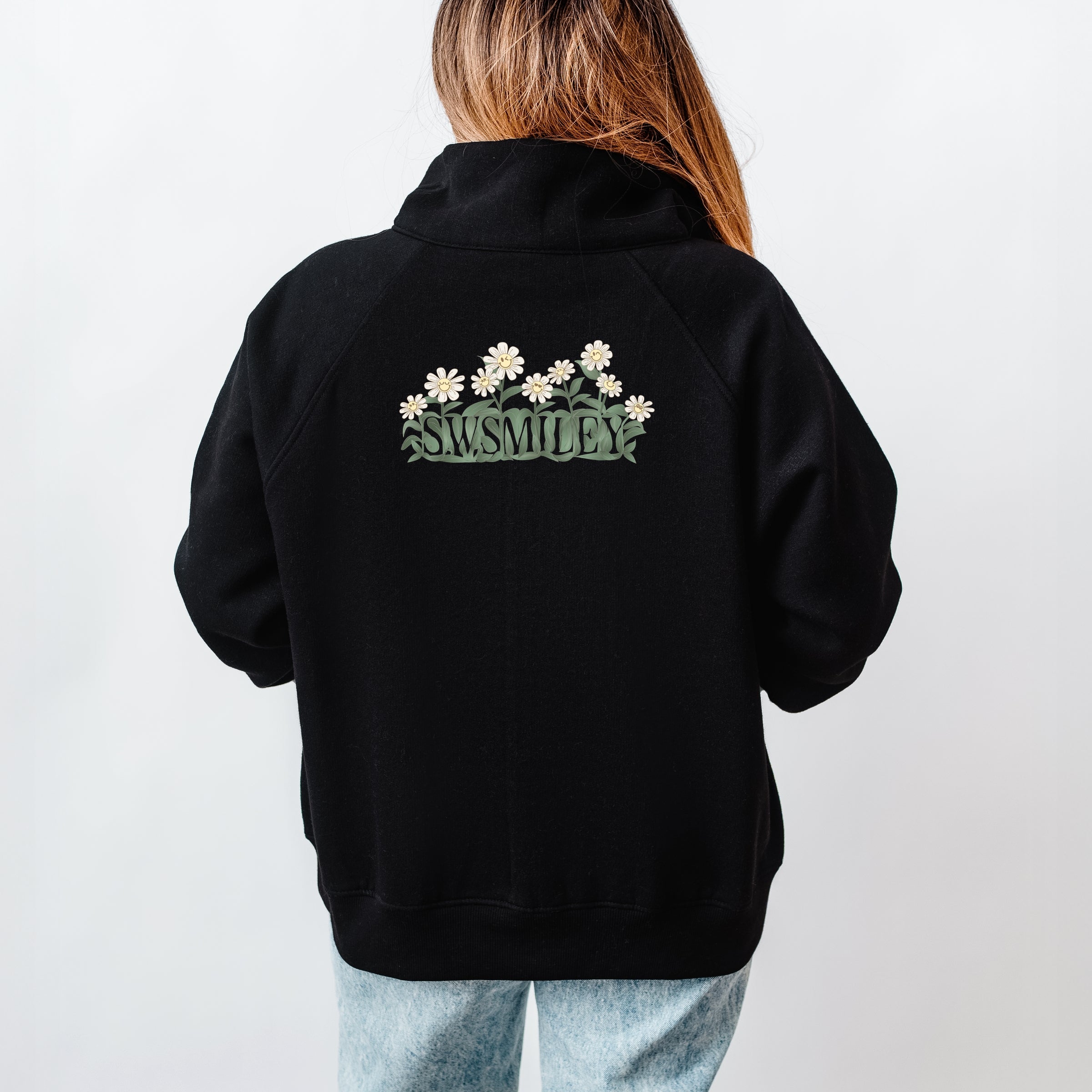 S.W.Smiley Blooming Daisies - Women's Quarter Zip Fleece Graphic Sweatshirt