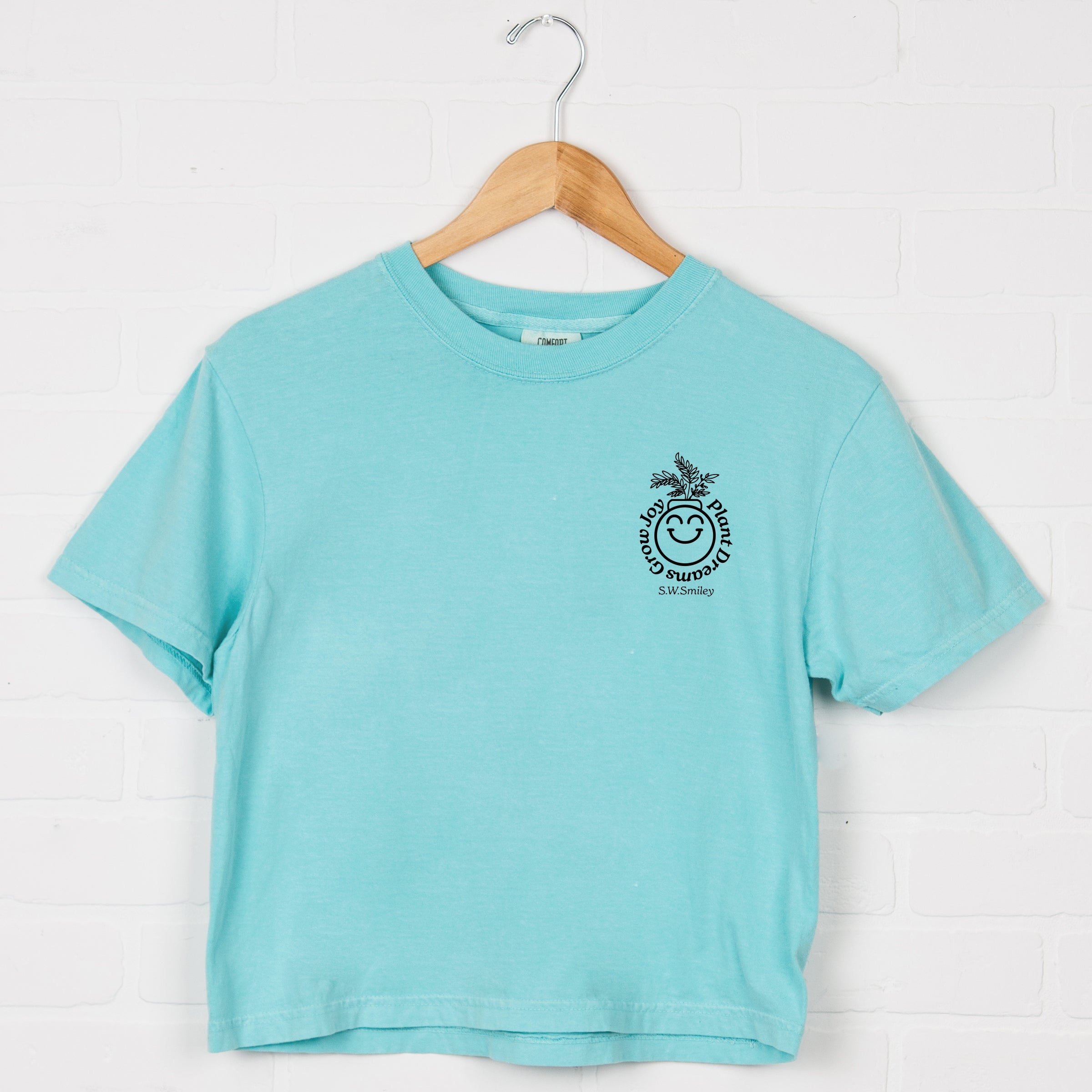 S.W.Smiley Plant Dreams Grow Joy Outline - Women's Boxy Crop Top Graphic T-Shirt