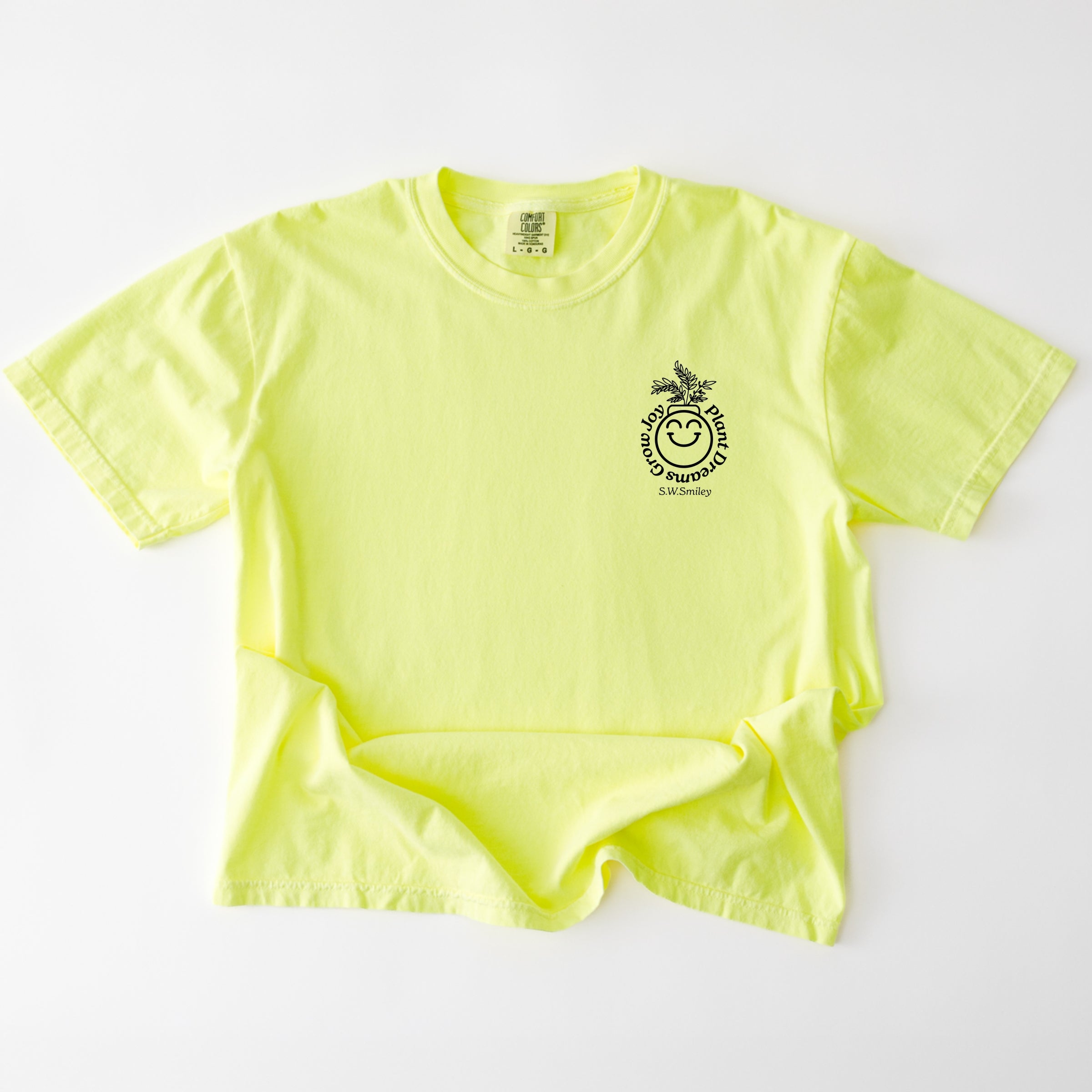 S.W.Smiley Plant Dreams Grow Joy Outline - Women's Garment Dyed Graphic T-Shirt