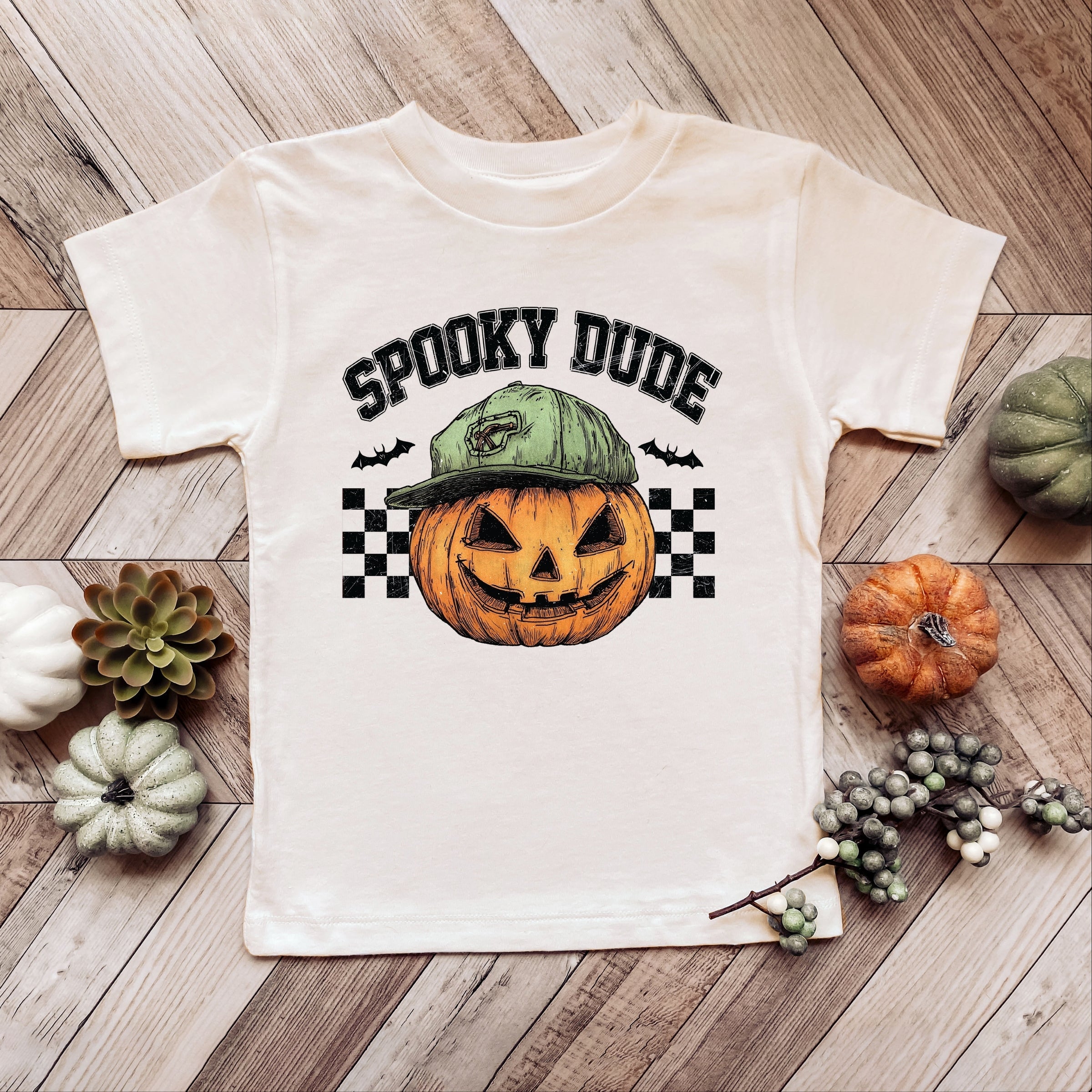 Spooky Dude Checkered Pumpkin - Youth Short Sleeve Graphic T-Shirt and Toddler Short Sleeve Graphic T-Shirt