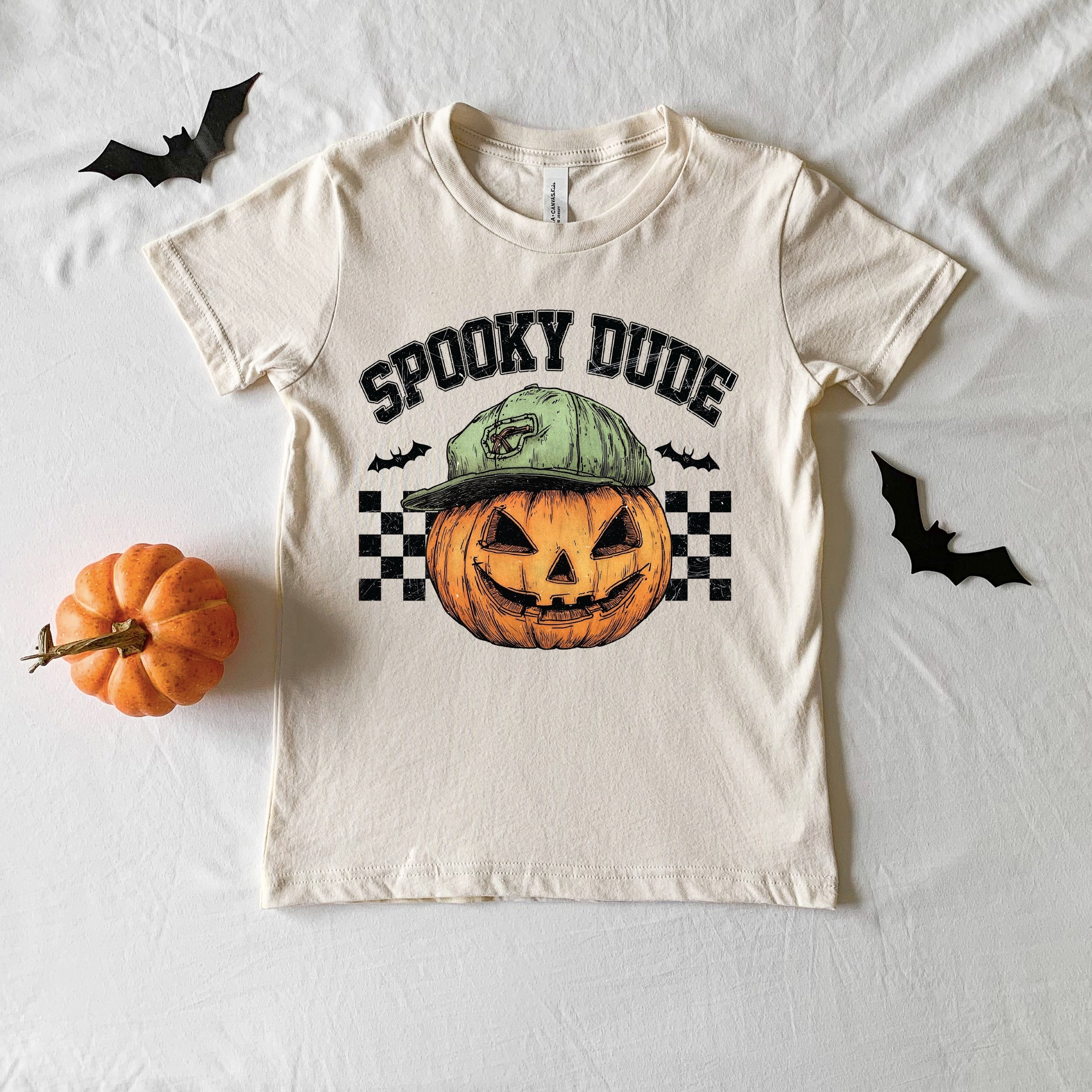 Spooky Dude Checkered Pumpkin - Youth Short Sleeve Graphic T-Shirt and Toddler Short Sleeve Graphic T-Shirt