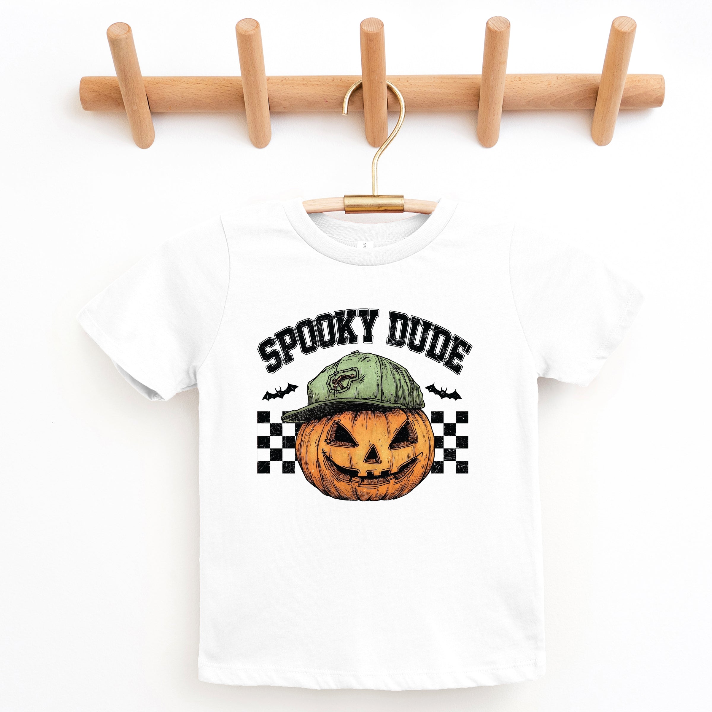 Spooky Dude Checkered Pumpkin - Youth Short Sleeve Graphic T-Shirt and Toddler Short Sleeve Graphic T-Shirt