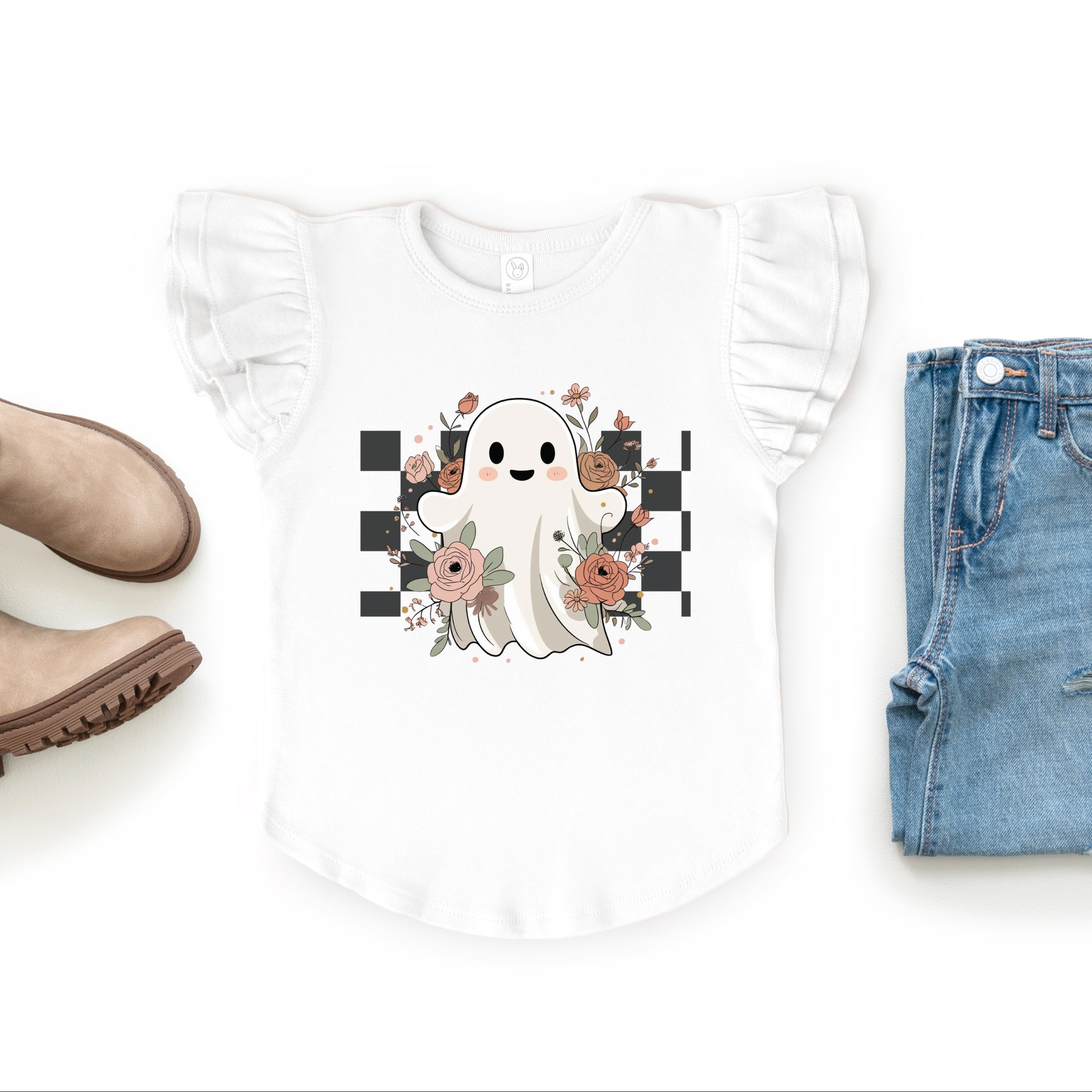 Checkered Ghost Rose - Kids Flutter Sleeve Tee