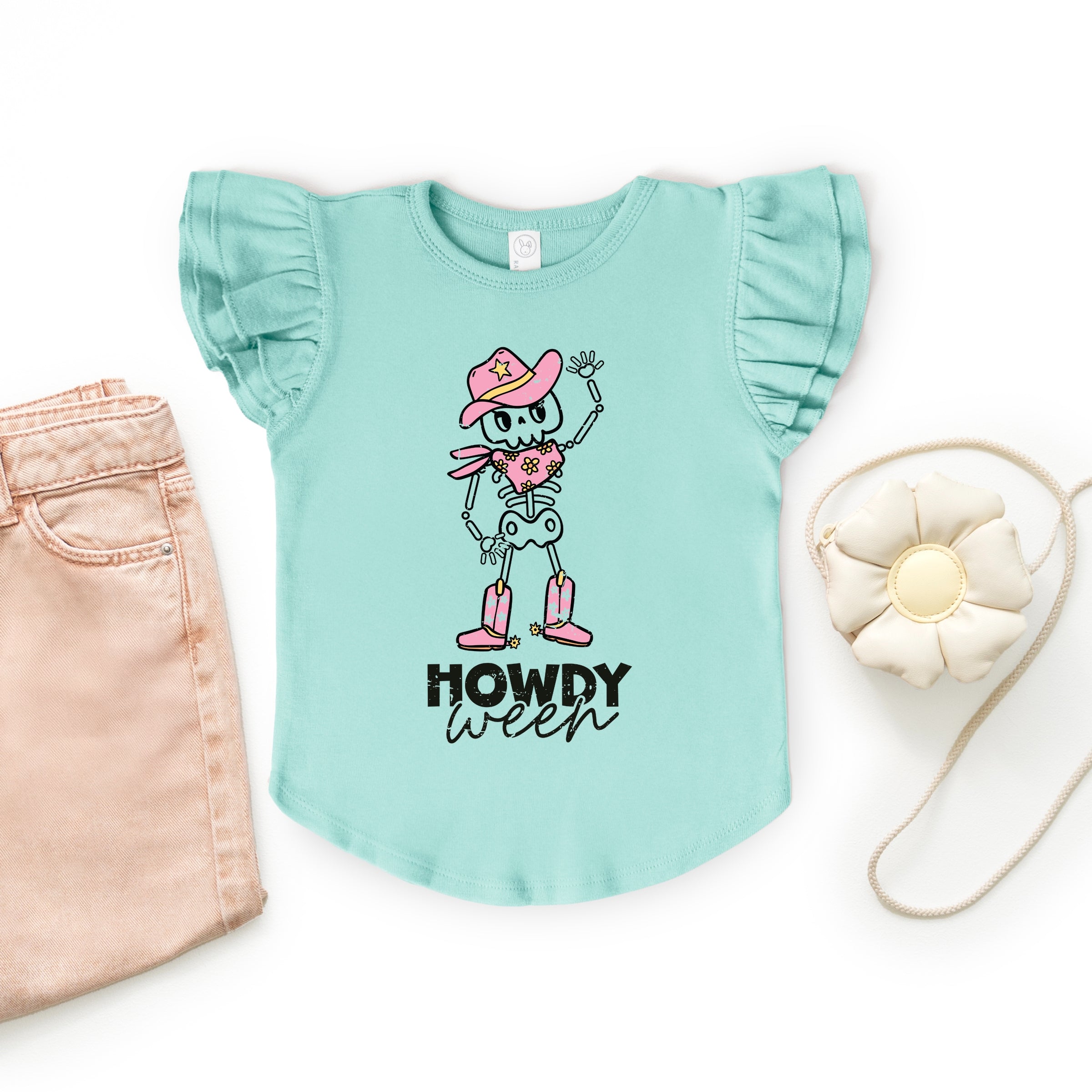 Howdyween Skeleton - Kids Flutter Sleeve Tee