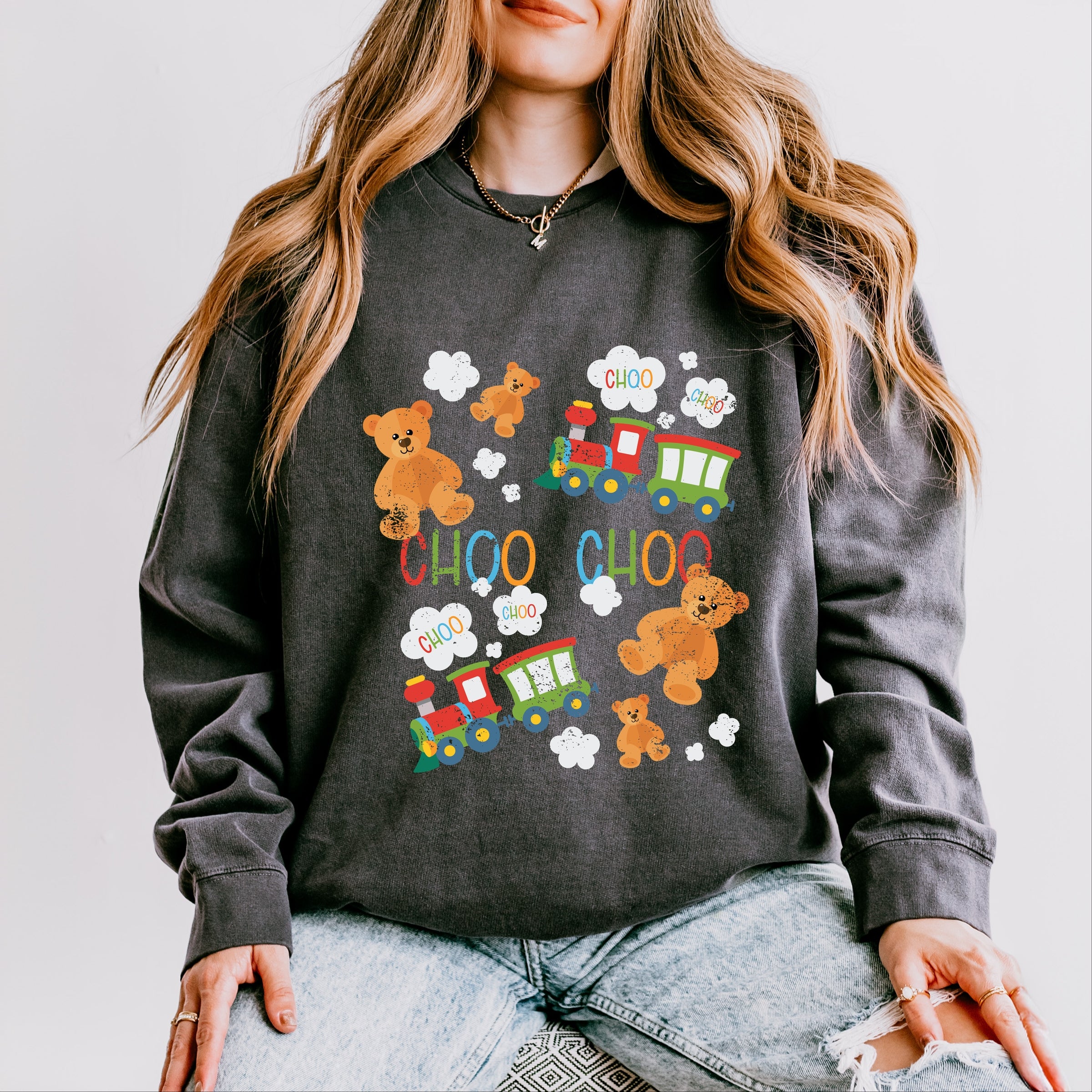 Teddy Bears and Choo Choo Trains - Lightweight Garment Dyed Sweatshirt