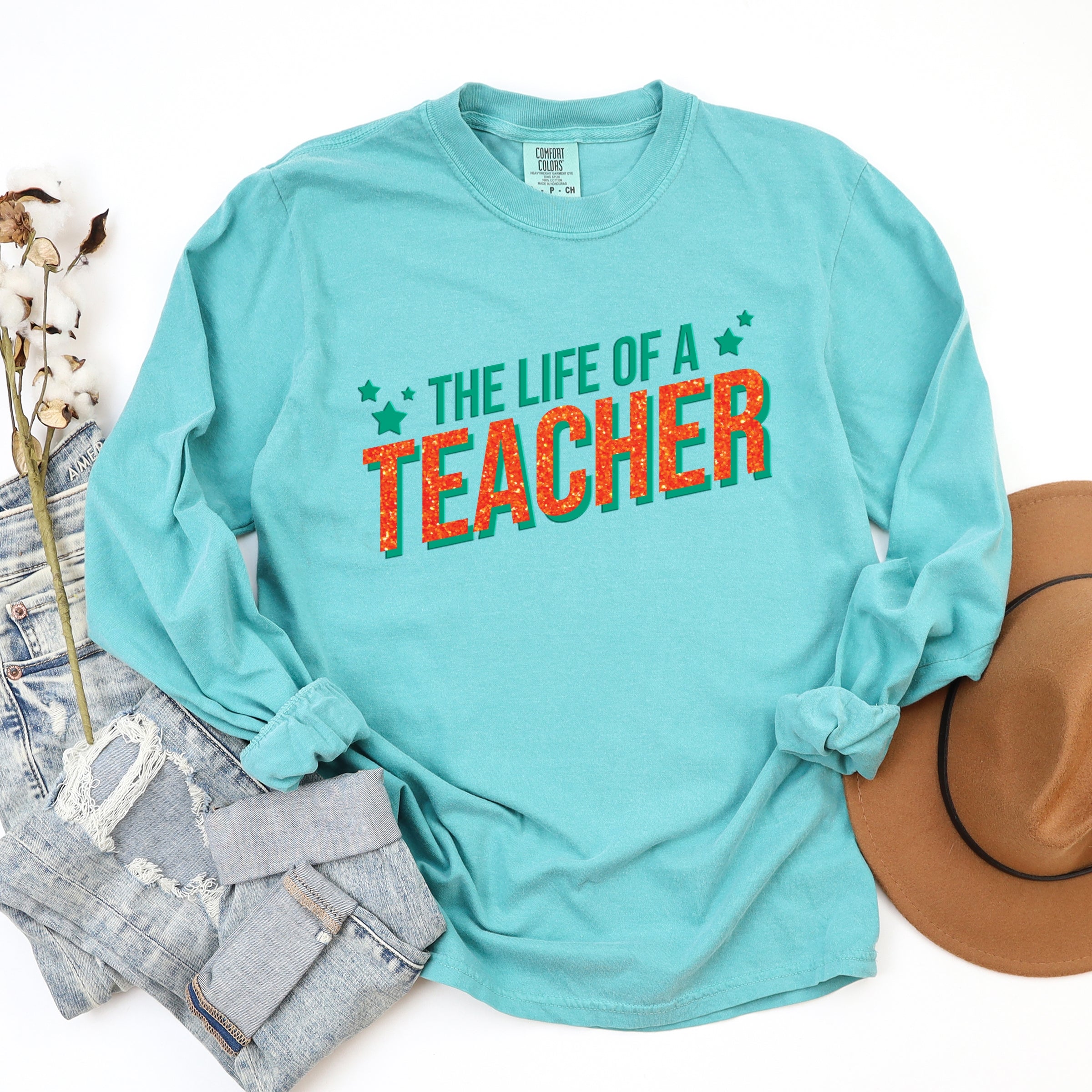 The Life Of A Teacher Puff/Glitter - Womens Garment Dyed Long Sleeve