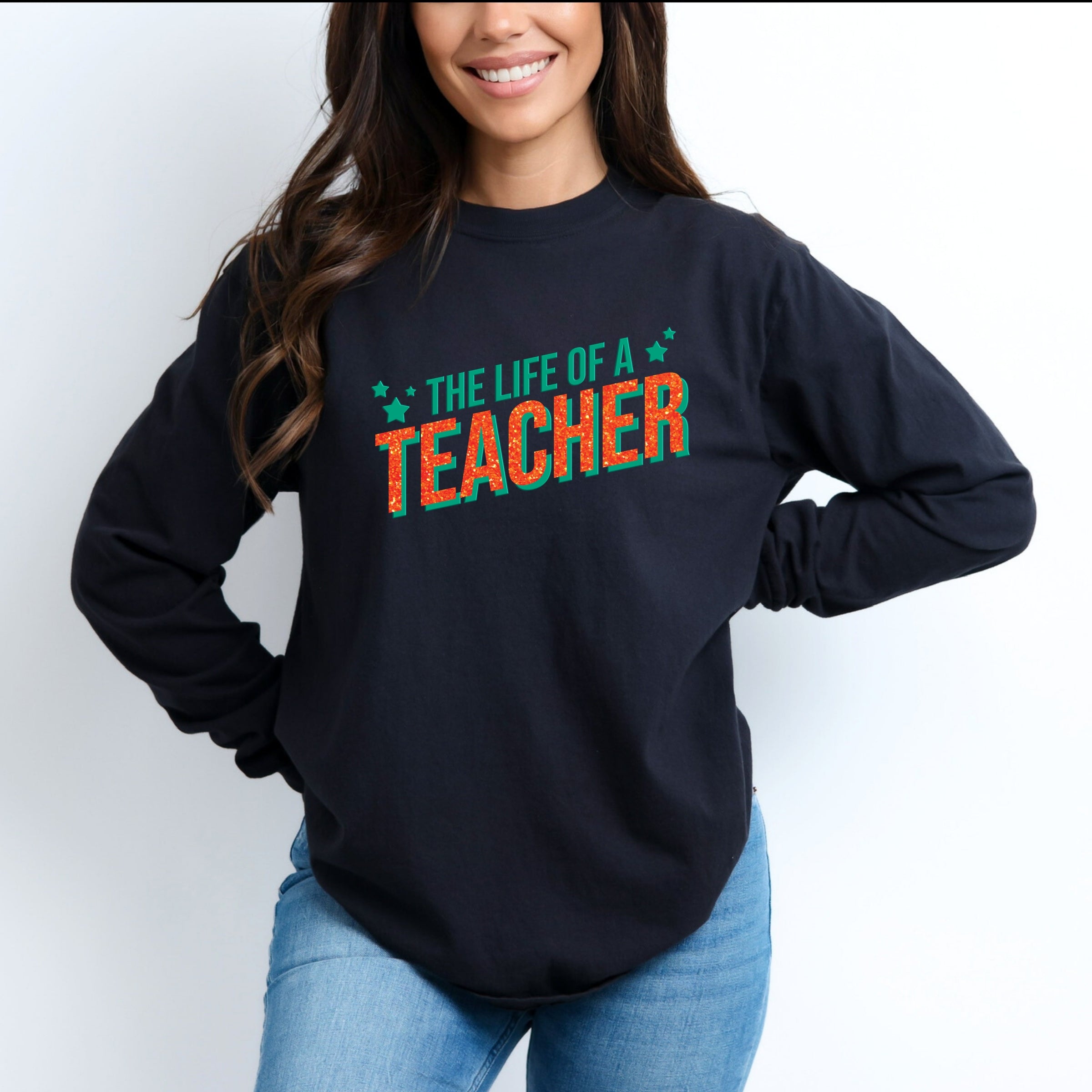 The Life Of A Teacher Puff/Glitter - Womens Garment Dyed Long Sleeve