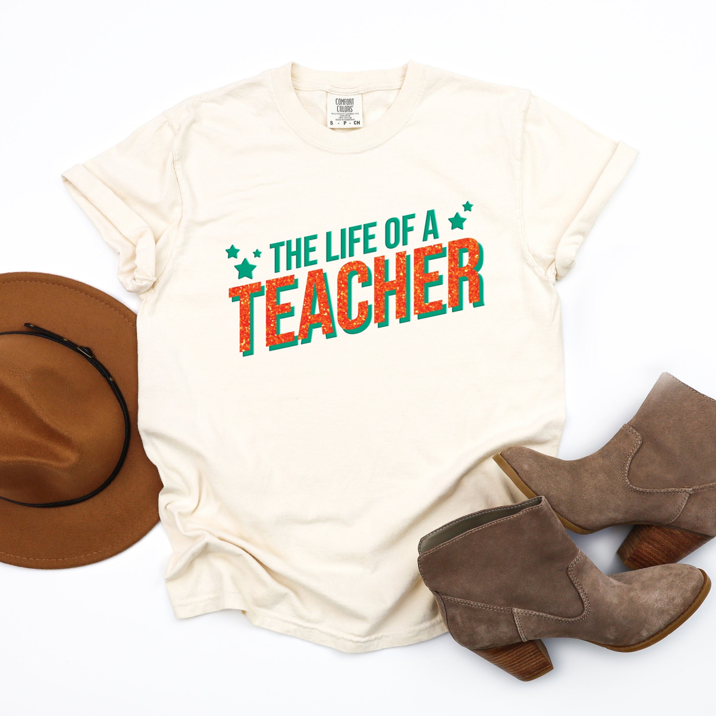 The Life Of A Teacher Puff/Glitter - Womens Garment Dyed Tee