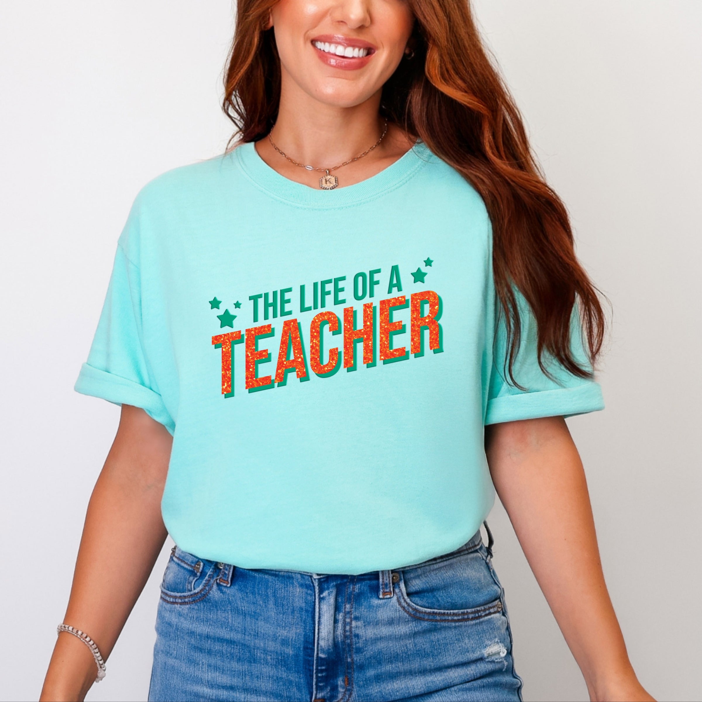 The Life Of A Teacher Puff/Glitter - Womens Garment Dyed Tee