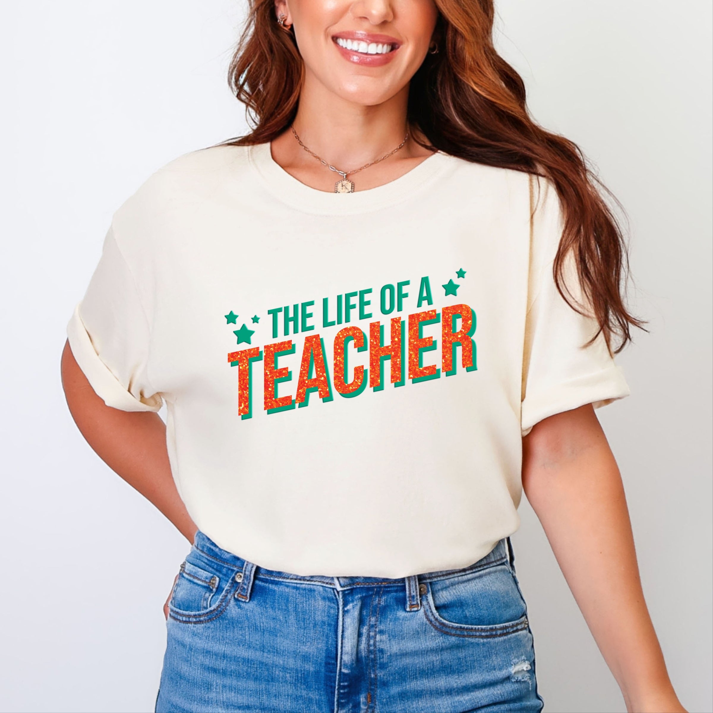 The Life Of A Teacher Puff/Glitter - Womens Garment Dyed Tee
