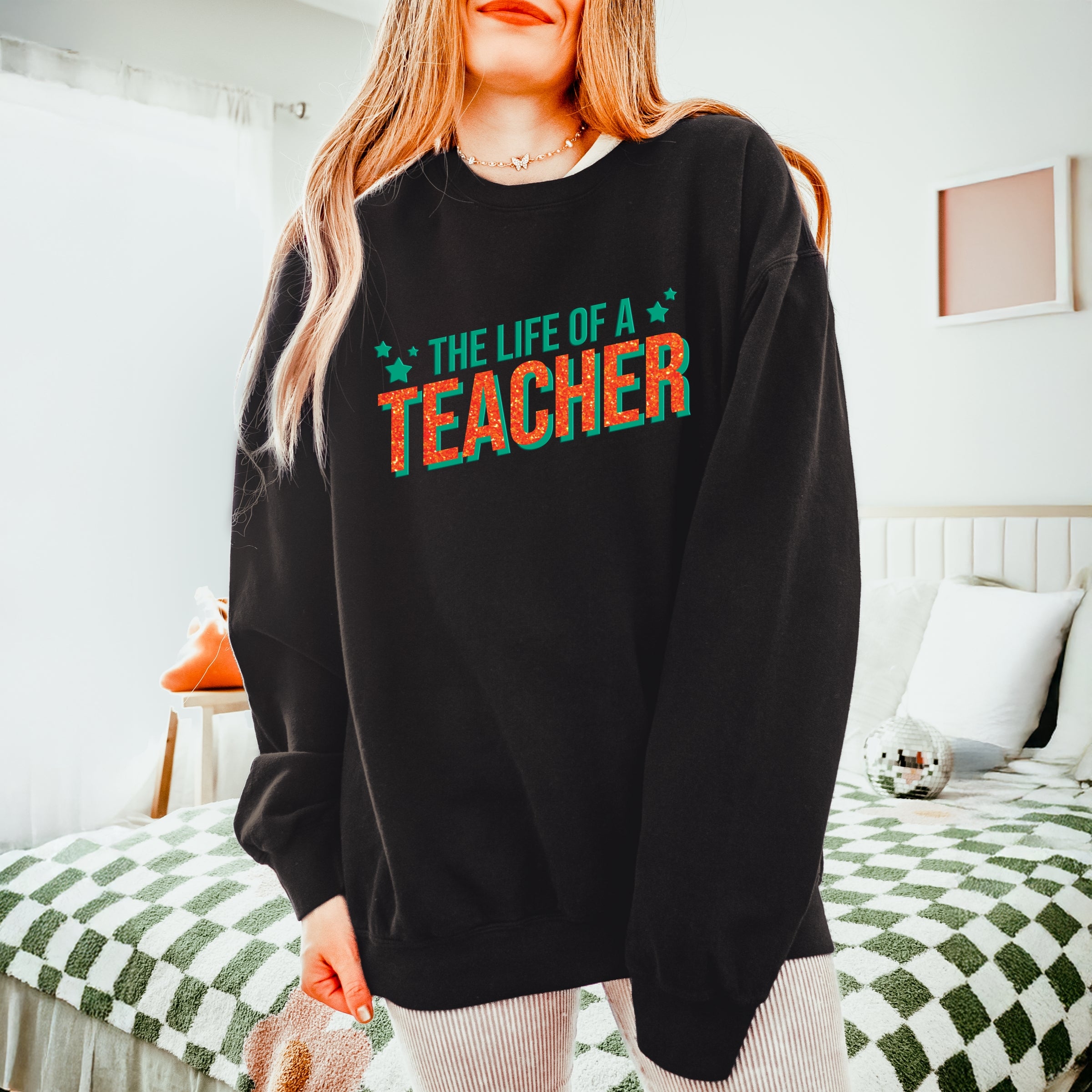 The Life Of A Teacher Puff/Glitter - Womens Lightweight Garment Dyed Sweatshirt