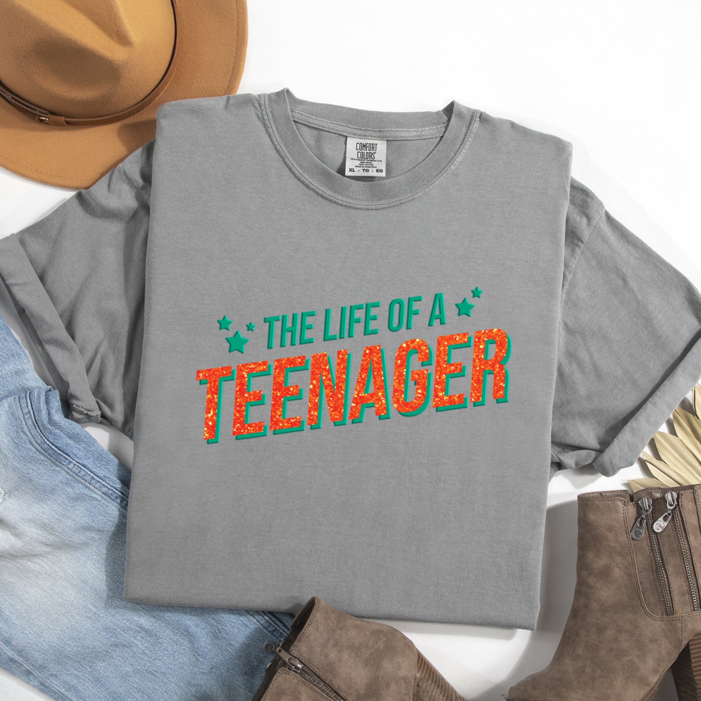 The Life Of A Teenager Puff/Glitter - Womens Garment Dyed Tee