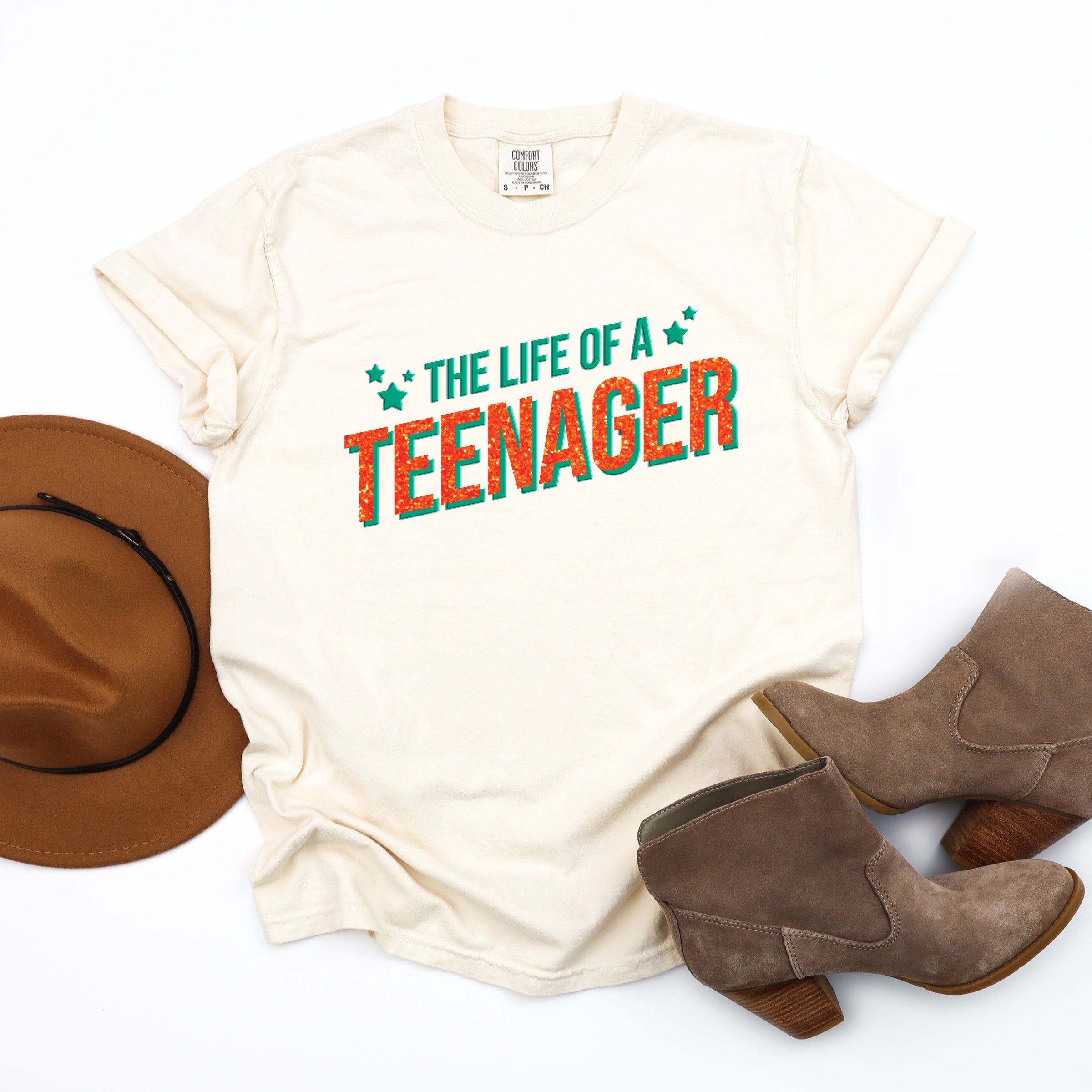 The Life Of A Teenager Puff/Glitter - Womens Garment Dyed Tee