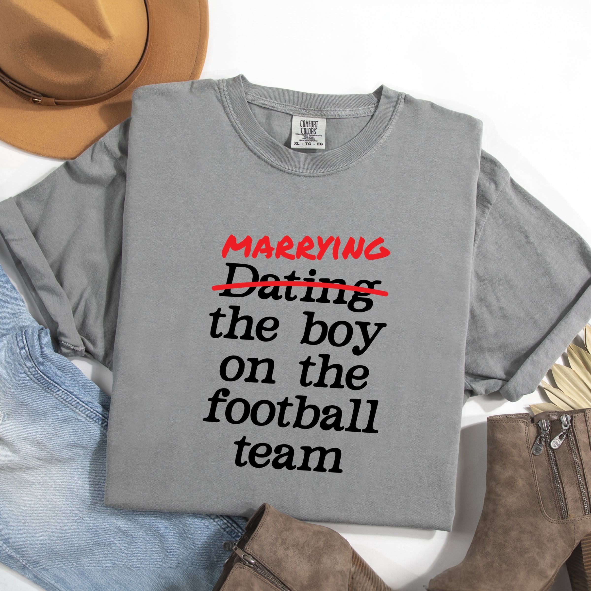 Marrying The Boy On The Football Team - Womens Garment Dyed Tee
