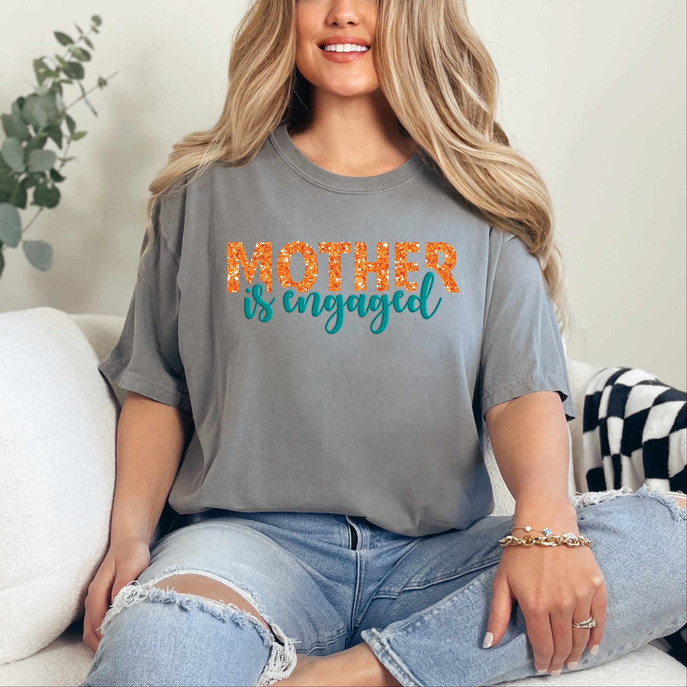Mother Is Engaged Puff/Glitter - Womens Garment Dyed Tee