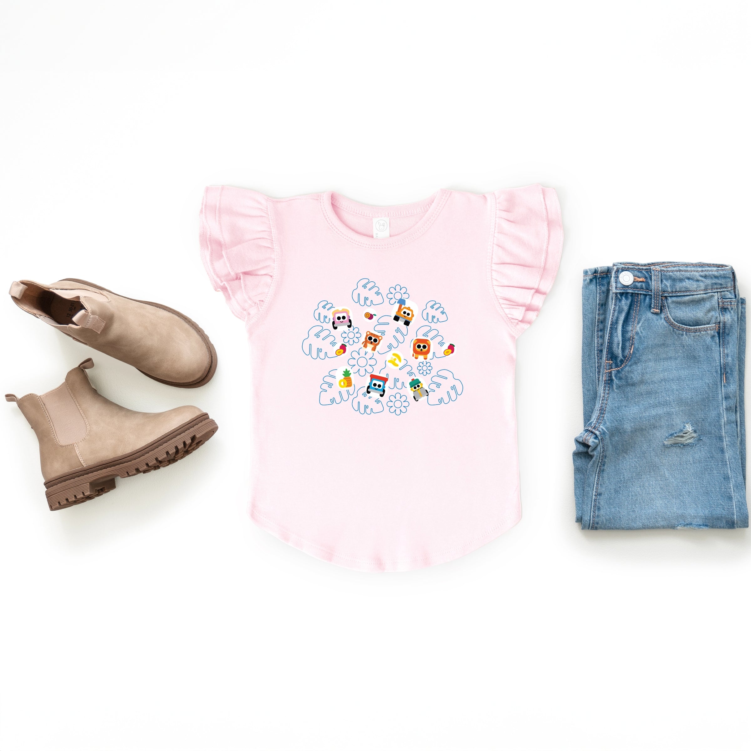 Leo the Truck Palm Leaves and Floral Outline - Flutter Sleeve Graphic T-Shirt